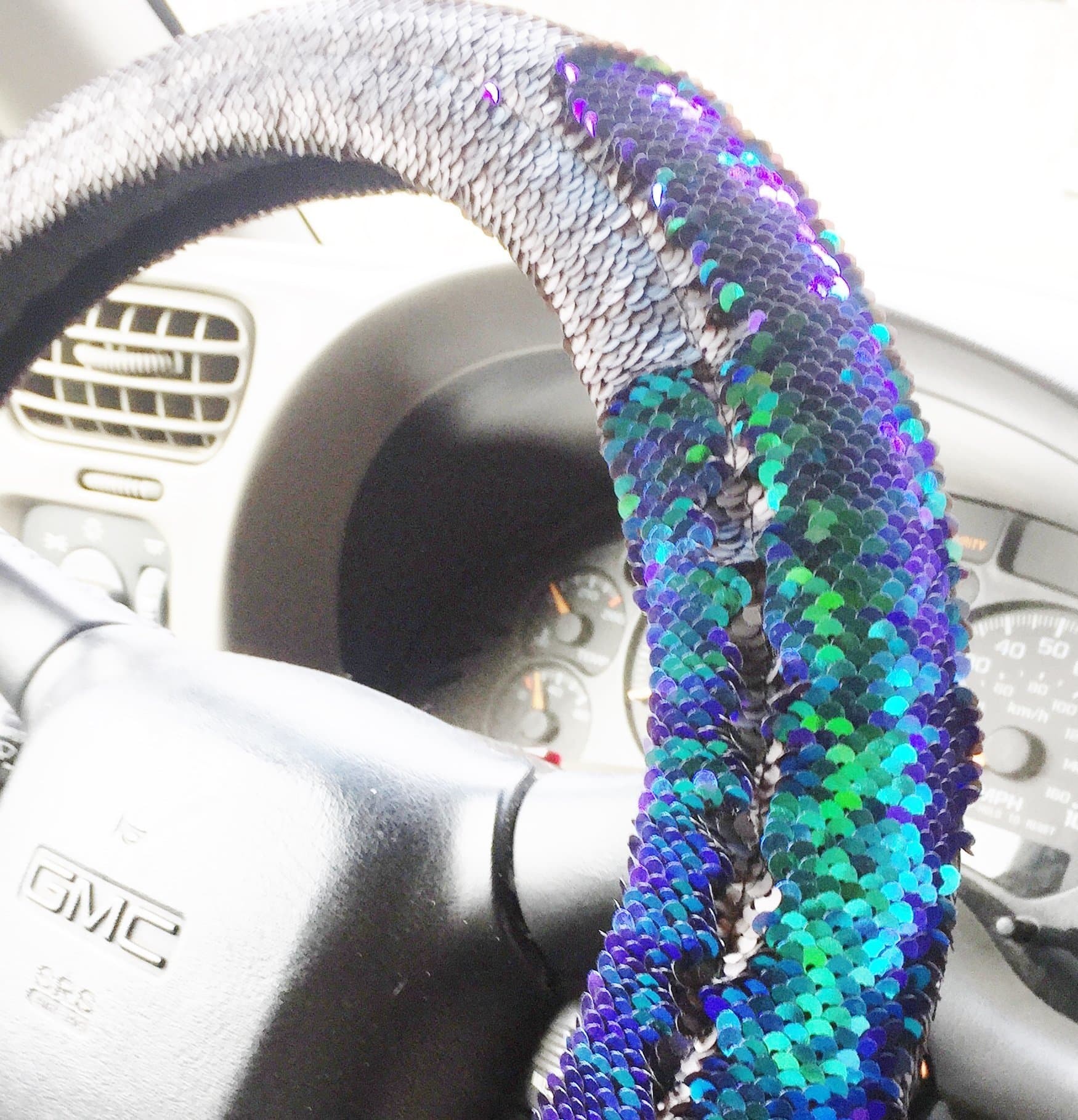 Mermaid Reversible Sequin Steering Wheel Cover matte black blue green
