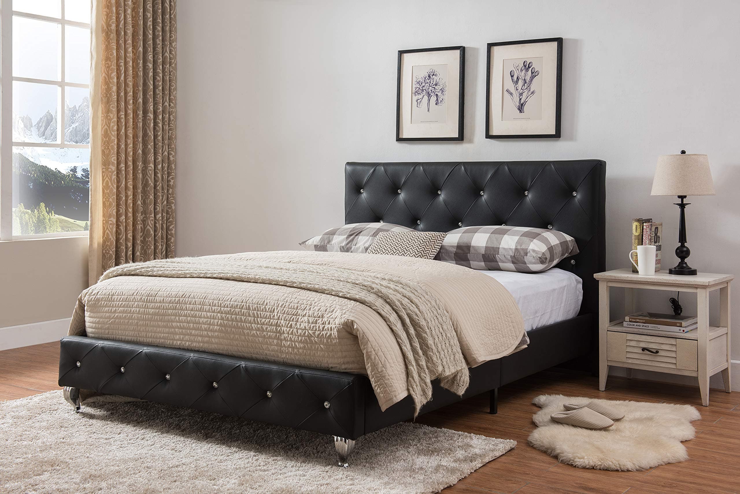 Kings Brand Furniture - Black Tufted Design Faux Leather Queen Size Upholstered Platform Bed