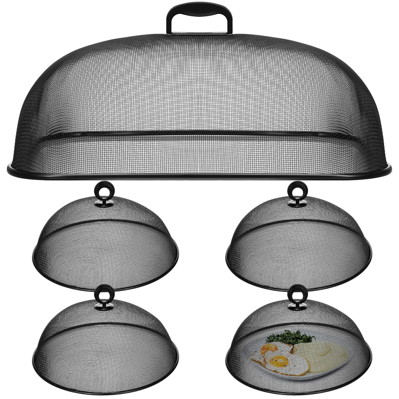 5 Pcs Metal Mesh Food Cover for Outdoors Include 18.5 In Extra Large Mesh Food Tents Fly Fruit Screen Food Net 4 Pcs 11 In Large Dome Plate Covers for Dinner Plates Reusable Picnic Food (Black)