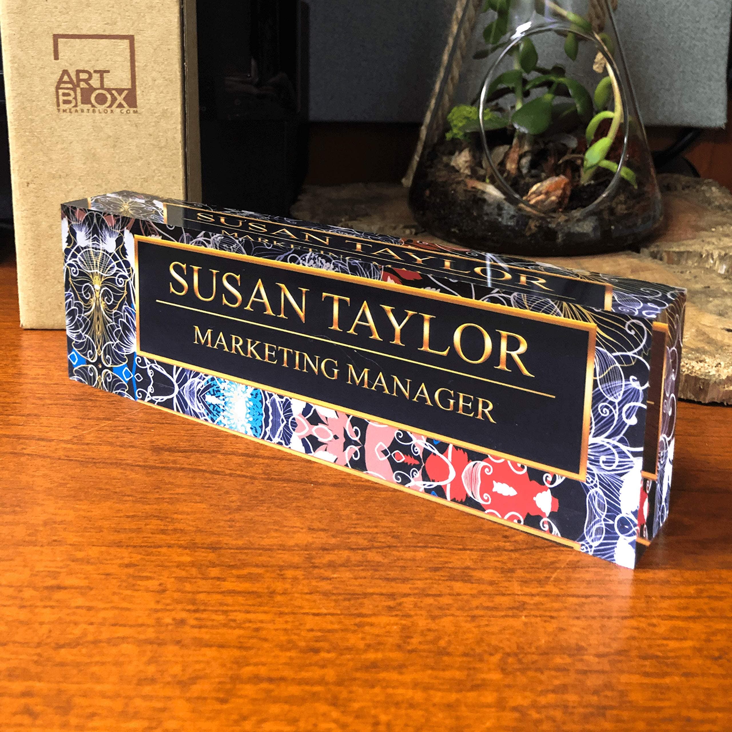 Artblox Personalized Desk Name Plate on Clear Acrylic Glass - Desk Accessories Office Decor | Desk Decor | Office Accessories | Customized Gifts Name Plates Appreciation Gifts