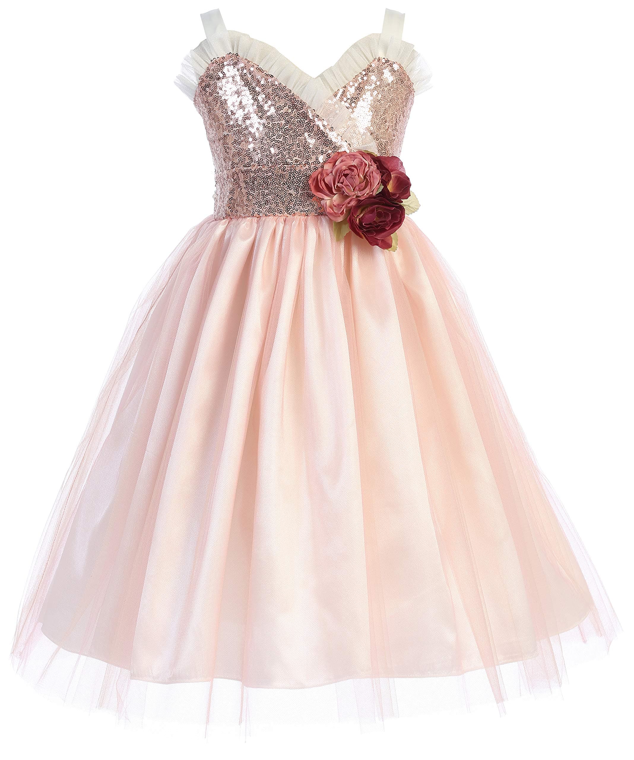 Girls Dress Sequins Ruffle Trim Layered Tulle Pageant Party Flower Girl Dress