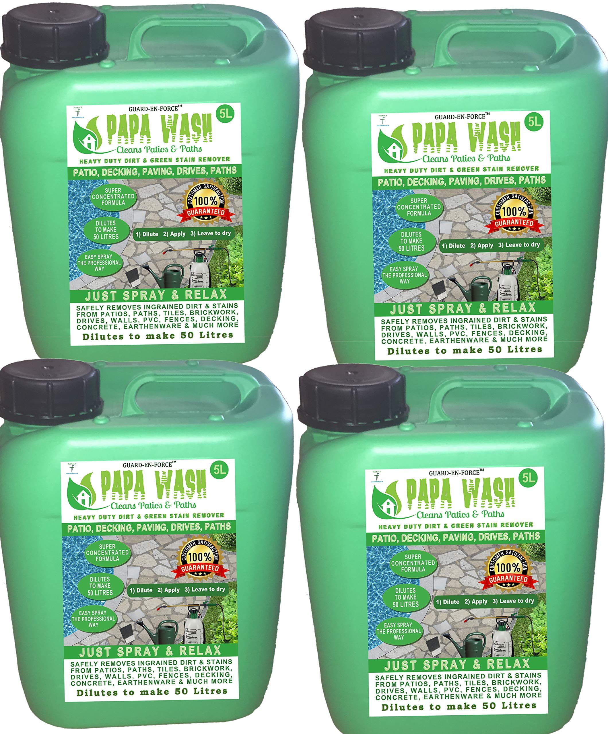 GUARD-EN-FORCE PAPA WASH 4 x 5 Litres - Super Concentrated Liquid Moss, Mould and Algae Cleaner For All Hard Surfaces. Decking, Paving, Brickwork, PVC, Greenhouses, etc. Just Spray and Relax - GREEN