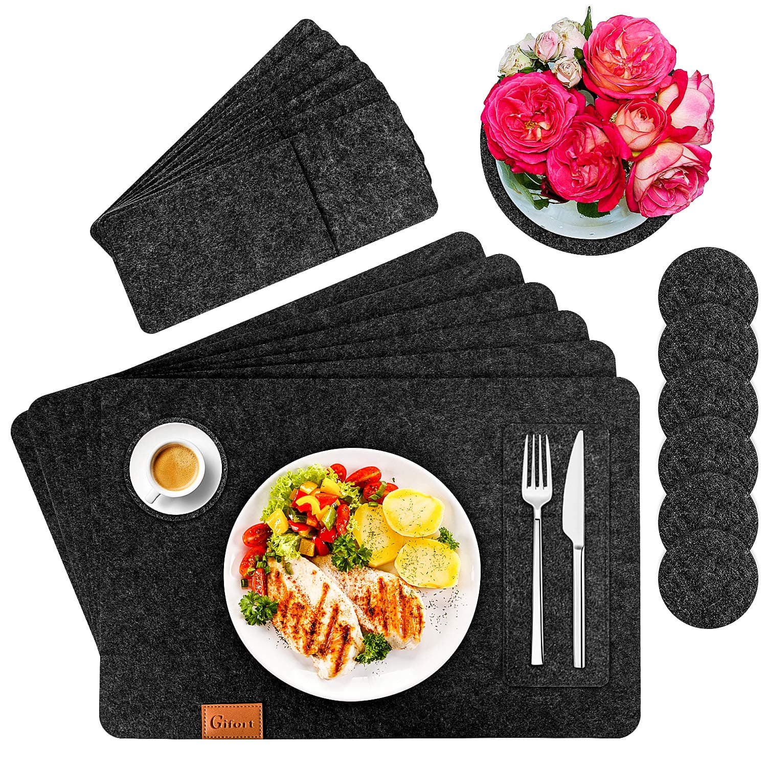 Gifort Placemats, Felt Placemats Including Coasters and Cutlery Bags, Table Place Mats Set of 4 Heat Resistant, Washable, Non-Slip for Dinner Party Home