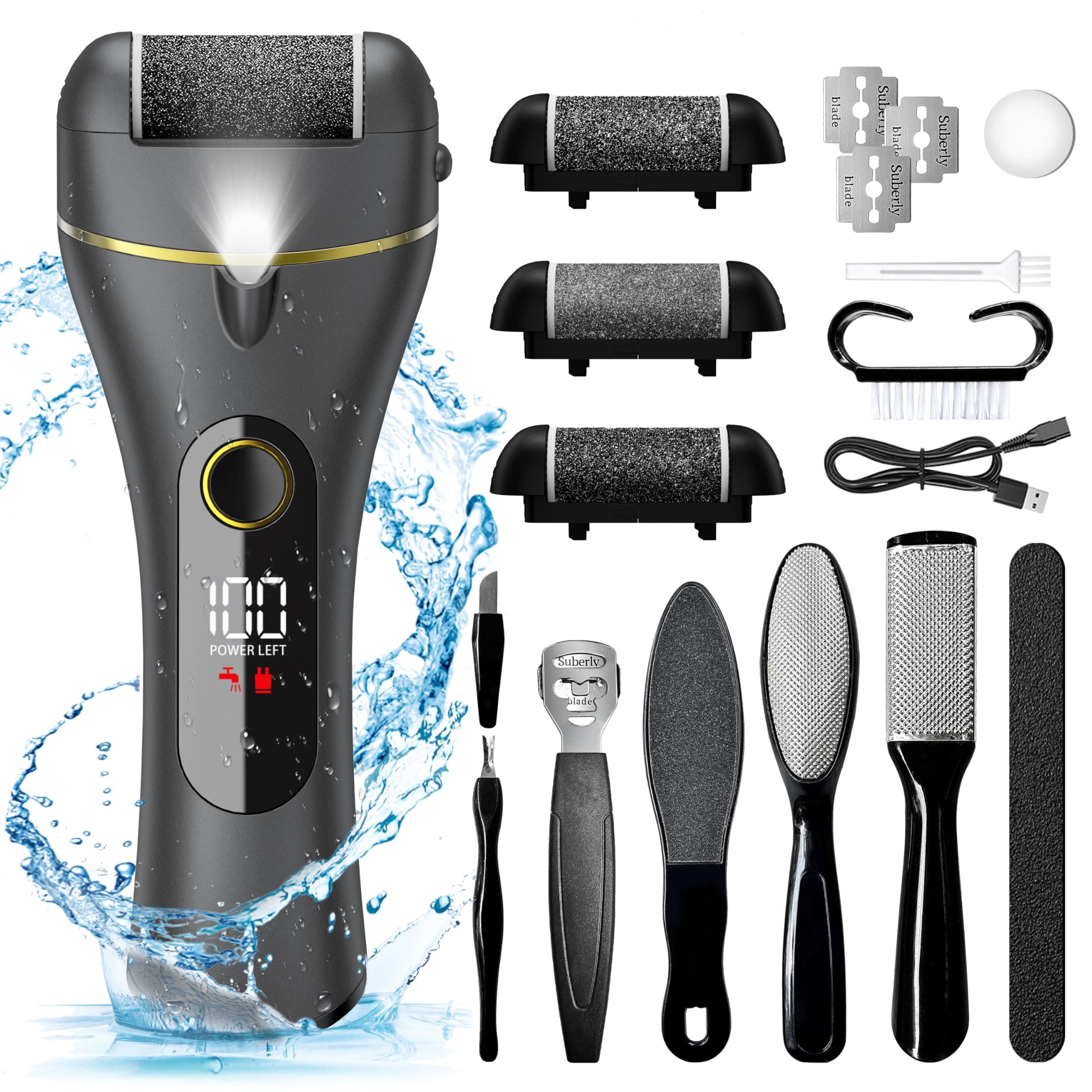 Electric Foot Callus Remover, 16 in 1 Rechargeable Pedicure Kit, Waterproof Scrubber Dead Skin Removal Tool with 3 Rollers & 2 Speeds for Feet Care, Battery Display-Carbon Black