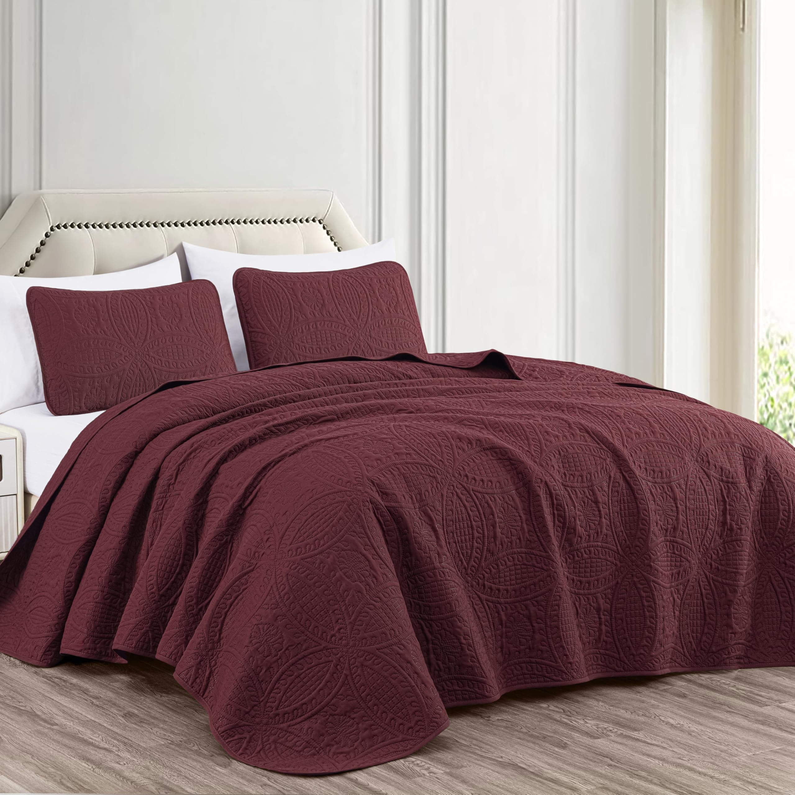 Chezmoi Collection Austin 3-piece Oversized Bedspread Coverlet Set (King, Burgundy) | Oversized, Lightweight, Fade Resistant