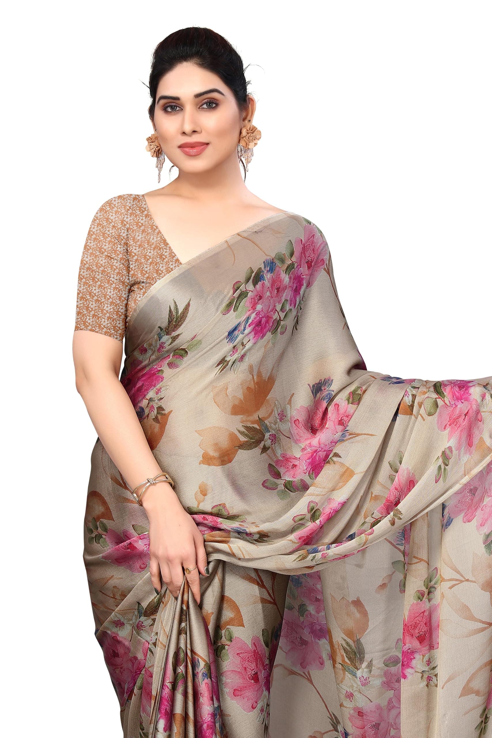 Women's Stylish Chiffon Floral Printed Saree with Blouse Piece