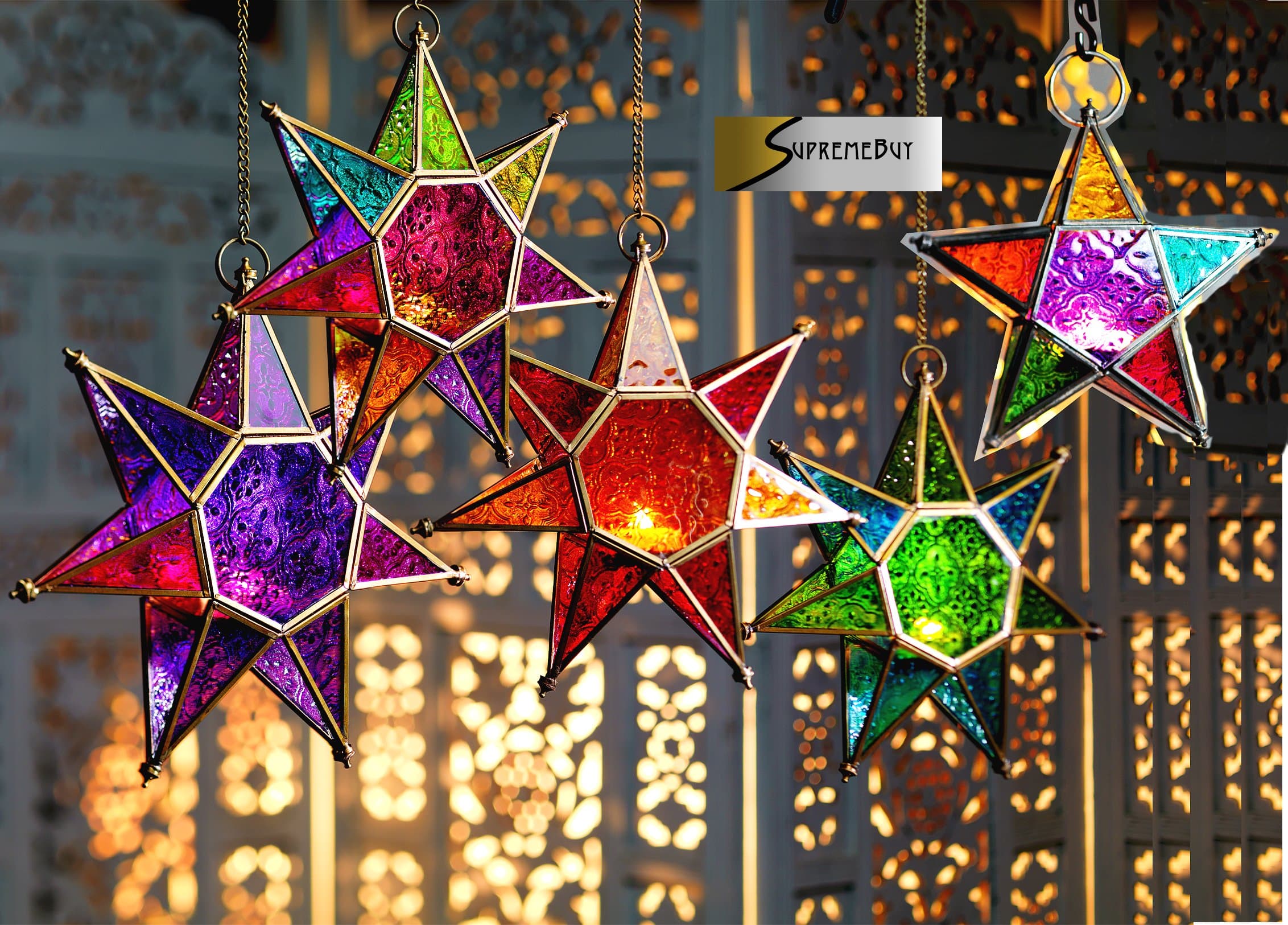 MOROCCAN STYLE STAR HANGING GLASS LANTERN (TEALIGHT HOLDER) - HOME & GARDEN (Large Multi) by SupremeBuy