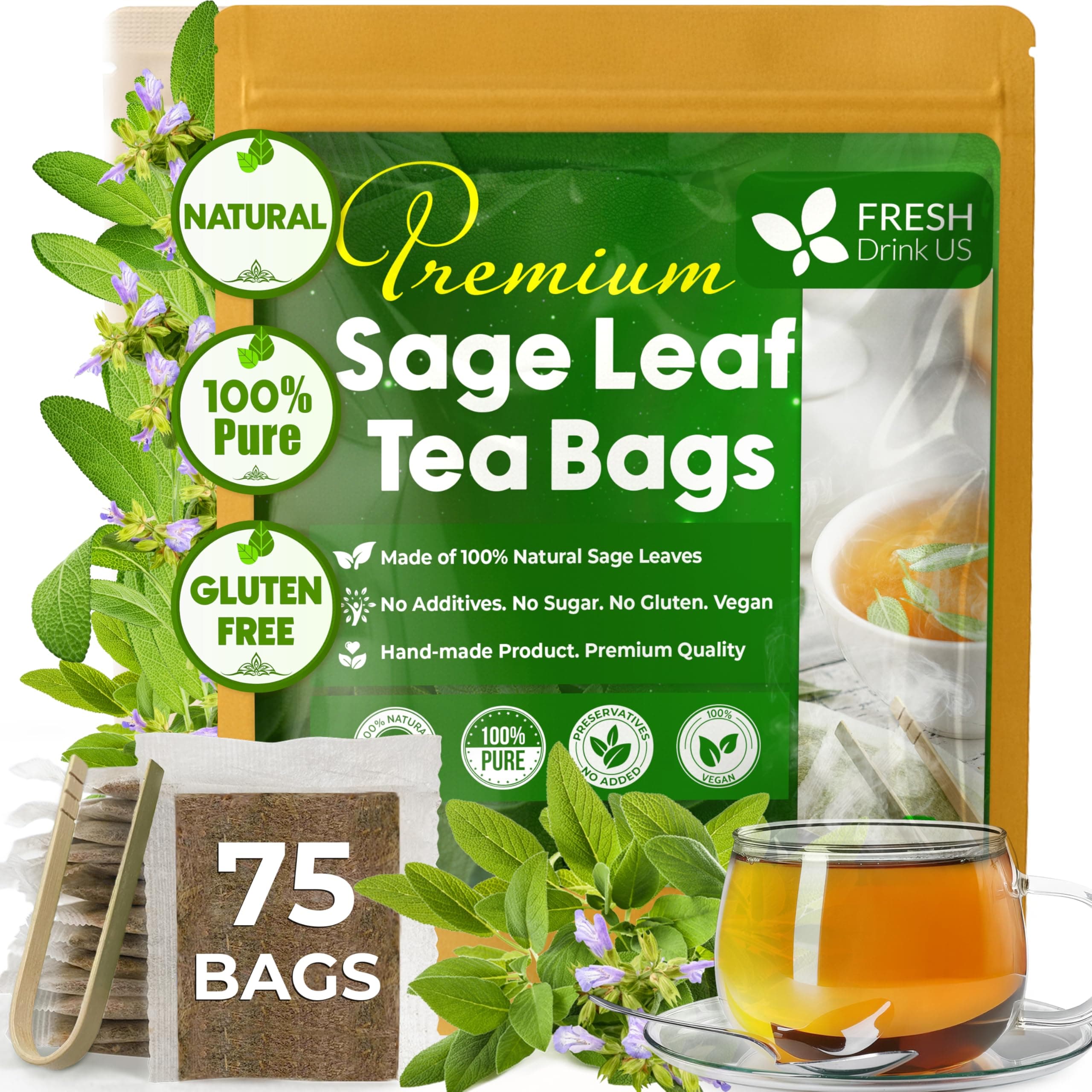 Premium 75 Sage Leaf Tea Bags, 100% Natural & Pure from Sage Leaves. Loose Leaf Herbal Tea. Made with Natural Material Tea Bags. No Sugar, No Caffeine, No Gluten, Vegan.