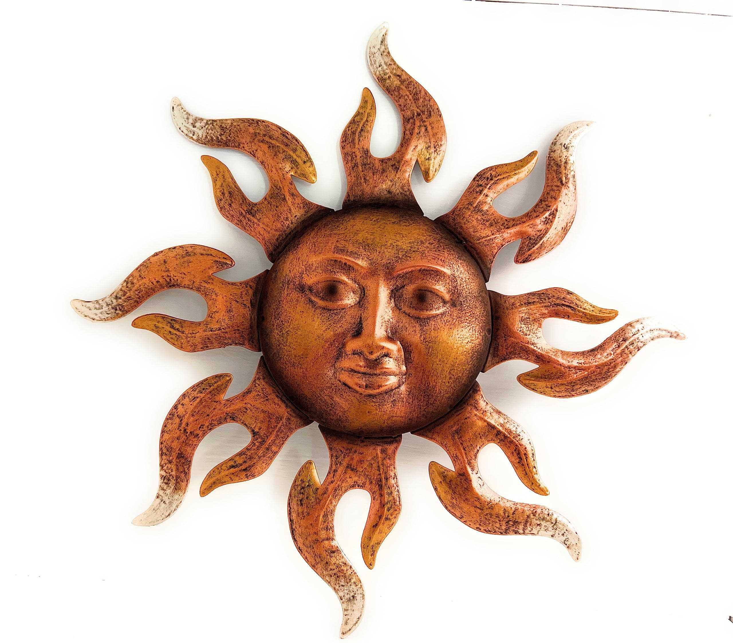 STGdecorSmall Metal Hanging Sun Face Wall Art. 10.75 inch. Bronze finish. Celestial Sun and Moon decor for indoor or outdoor doors, patio, garden, or fence.