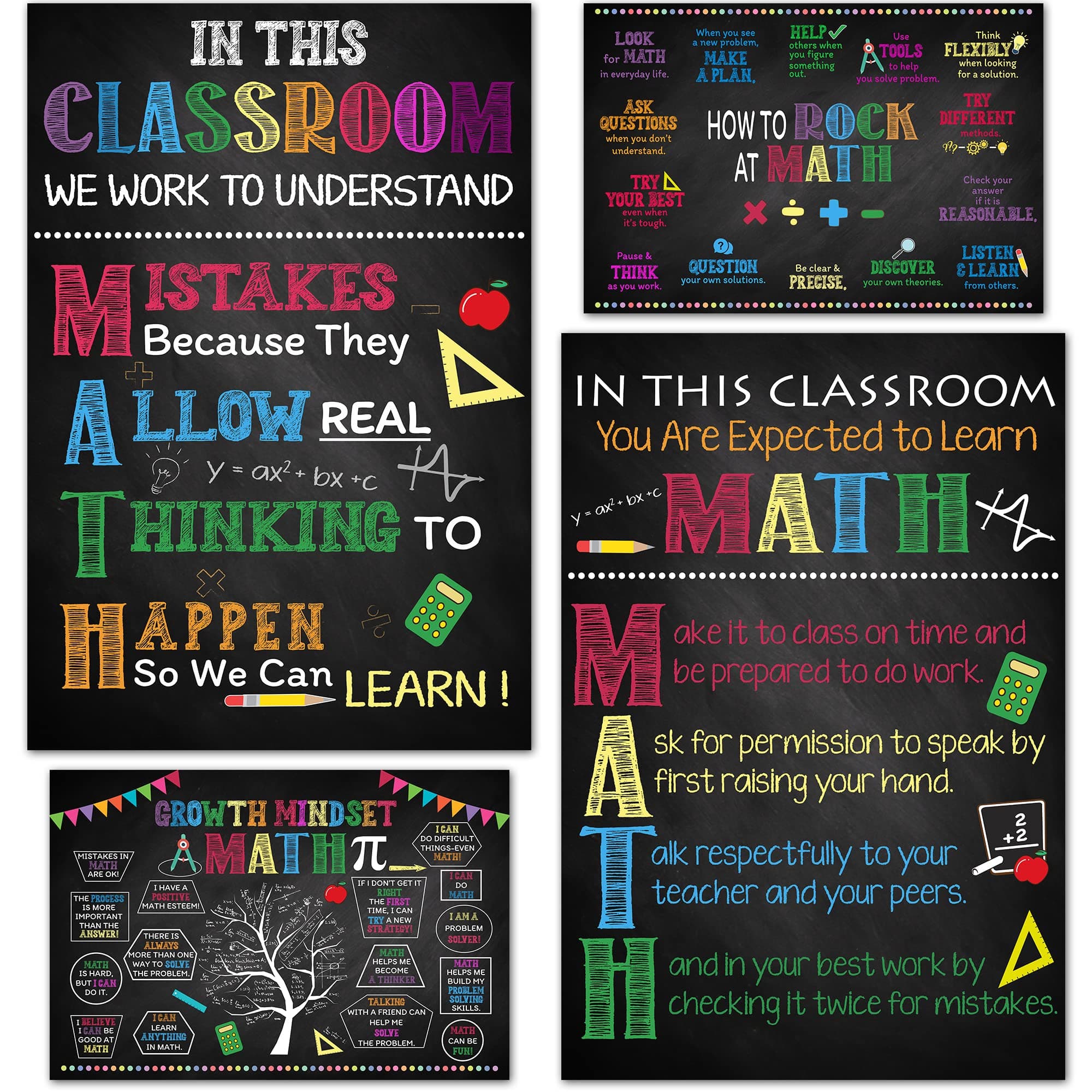 4 Pcs Math Posters (11"x17") - Math Classroom Supplies for Teachers, Decorations for Elementary, Middle, and High School, Mathematics Education, Essential Classroom Signs Must Haves