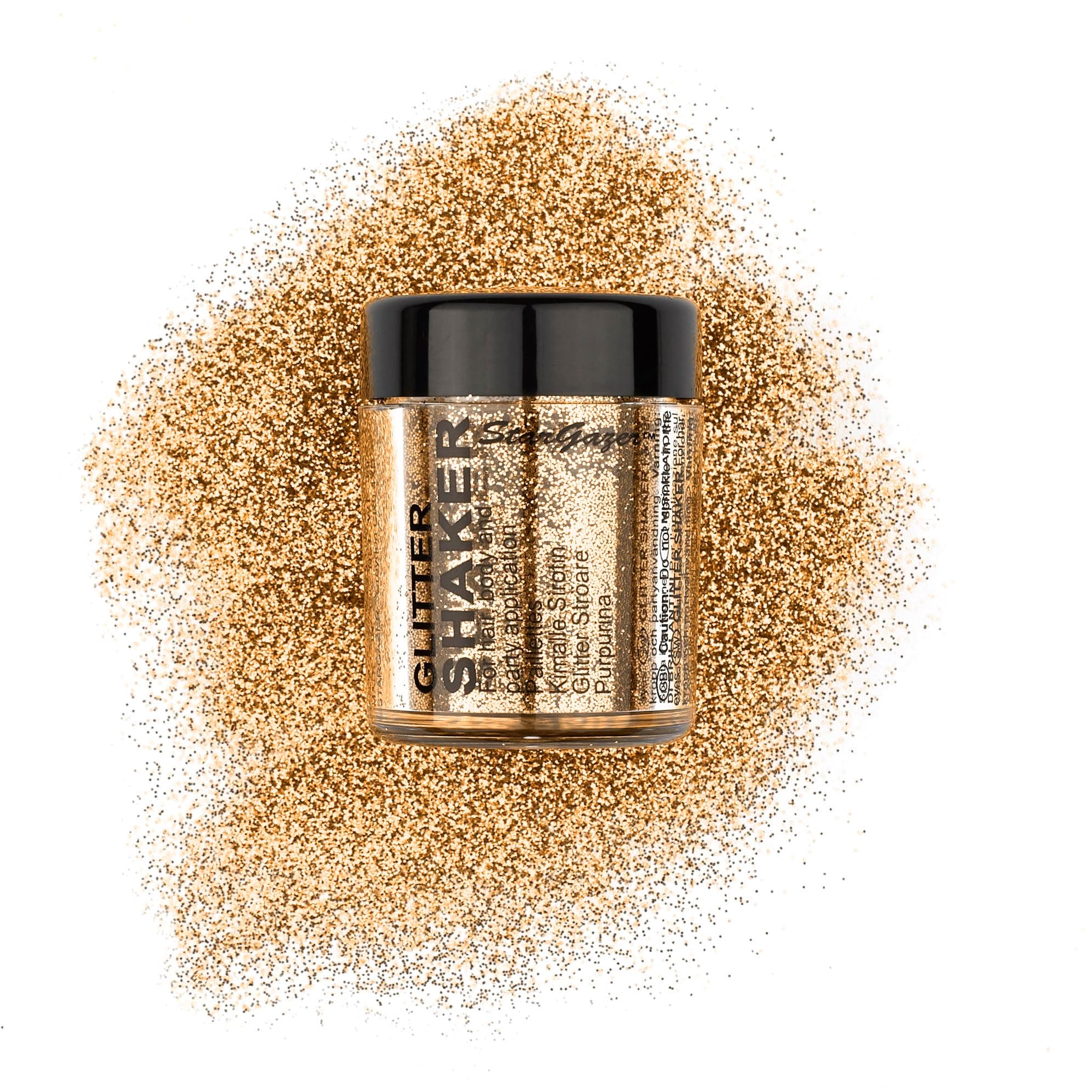 Glitter Shaker, Gold. Cosmetic glitter powder for use on the eyes, lips, face, body, hair and nails.