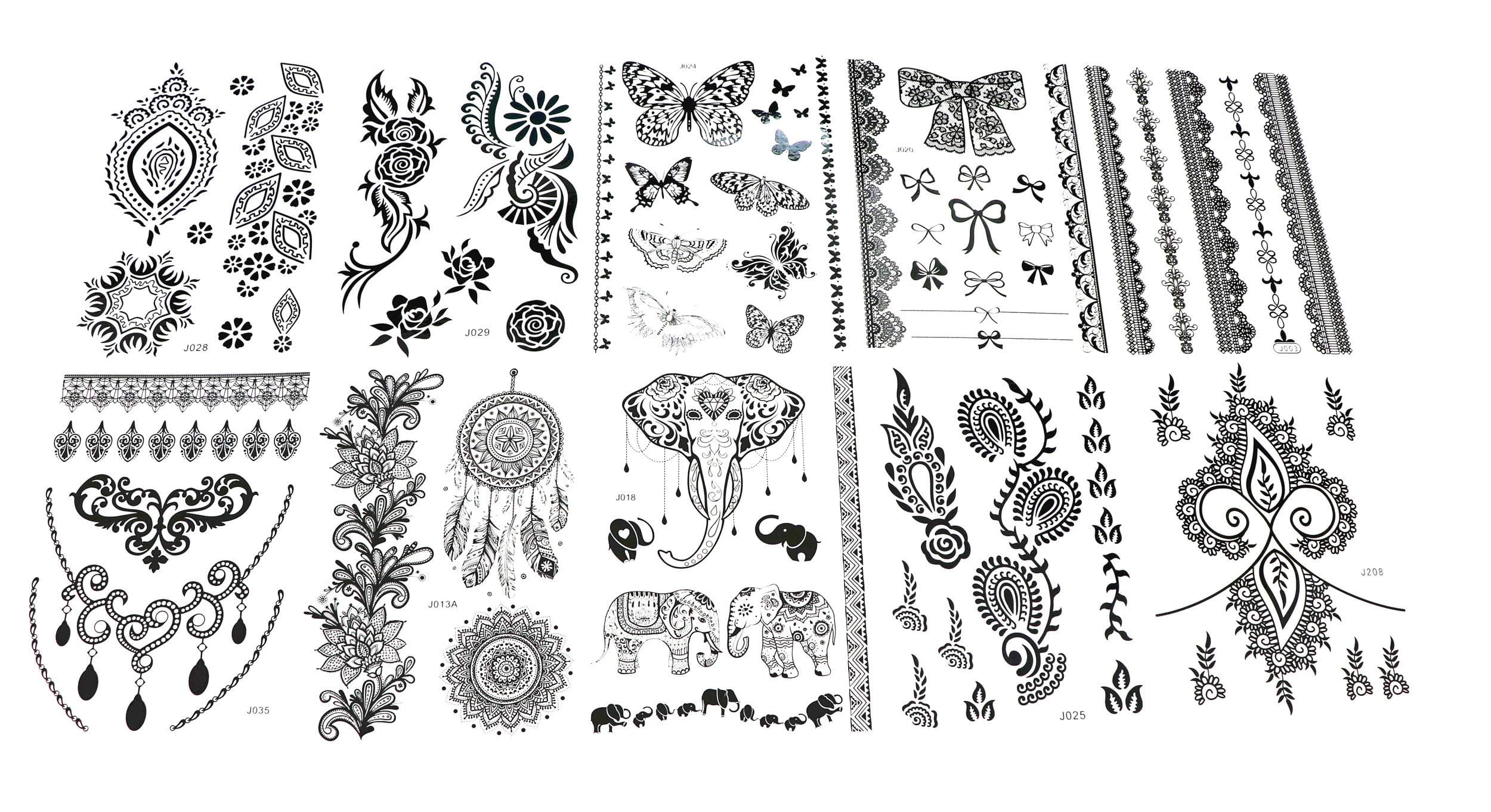 Henna Tattoo Stickers Lace Temporary Tattoos - Various patterns - New Henna Designs- Set of 10 (Black)