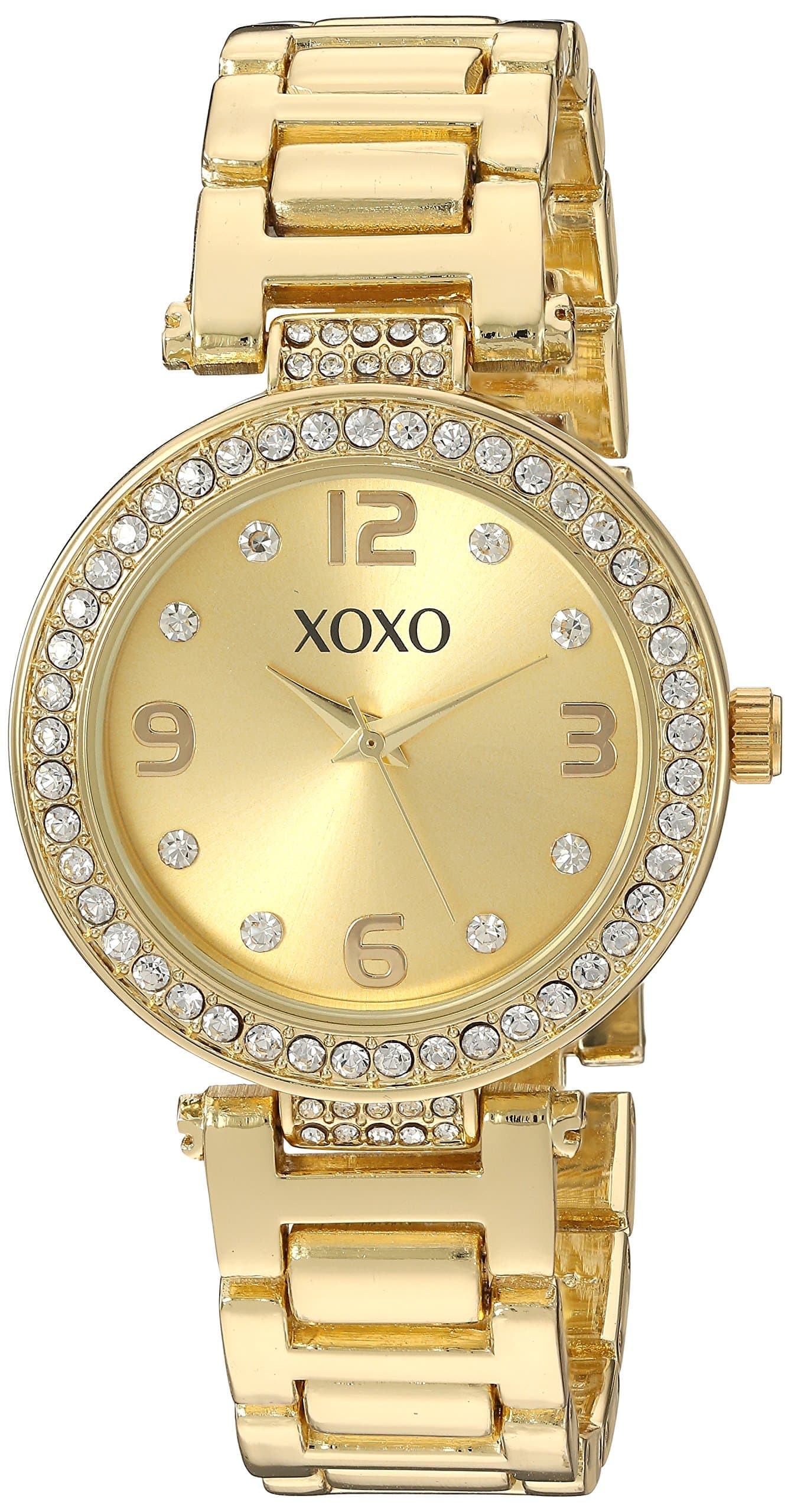 XOXO Women's Gold-Tone Bracelet Watch – Elegant Crystal-Embellished Bezel, Slim 33mm Case, Stylish Gold Dial, Analog Quartz Movement, Durable Metal Band, Fits Wrists 5.5" to 8", Classic Dress Watch for Everyday or Special Occasions