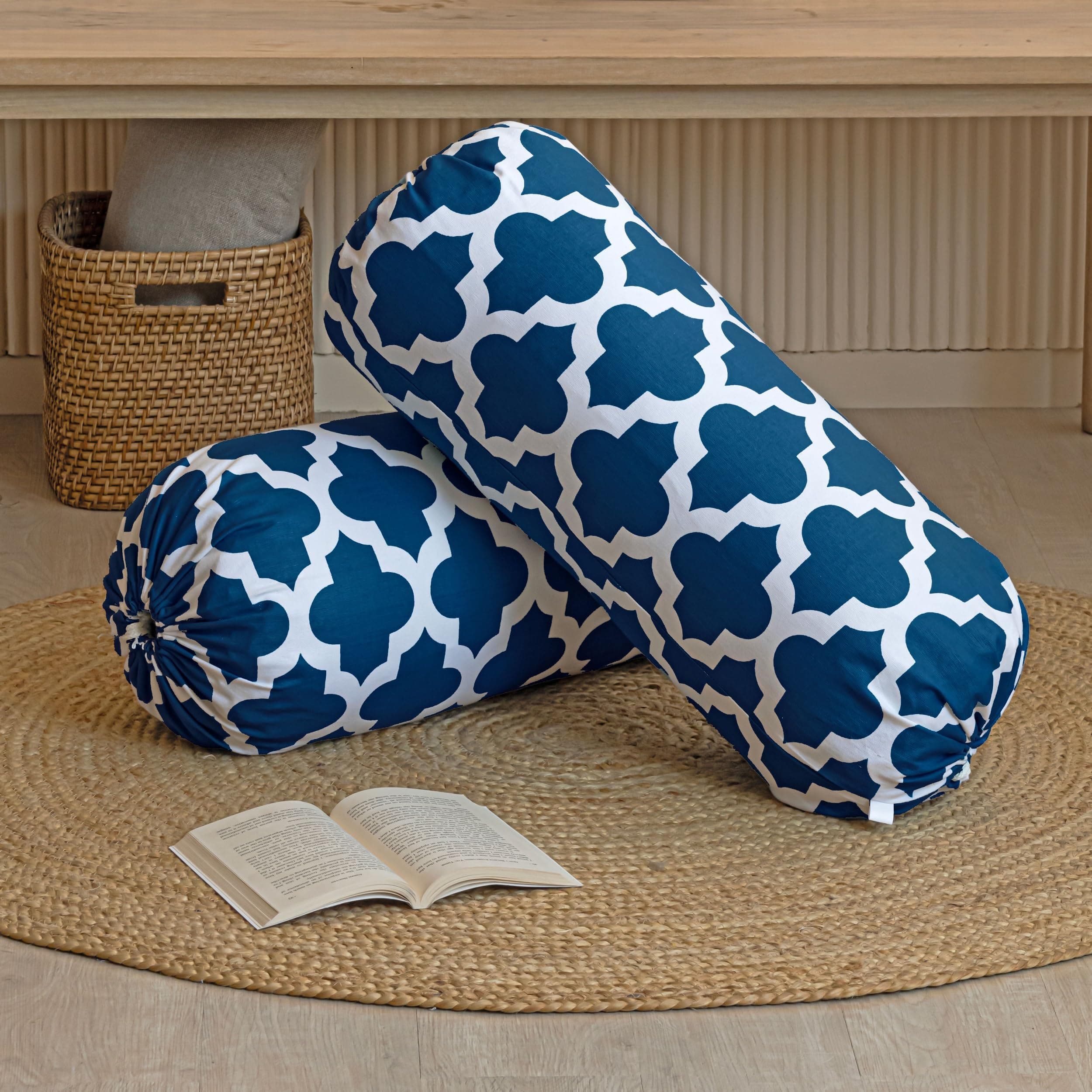 Sponsored Ad - HOMEMONDE Cotton Bolster Round Cushion Covers 16 X 32 Inches For Living Room Decoration (Blue Quatrefoil)