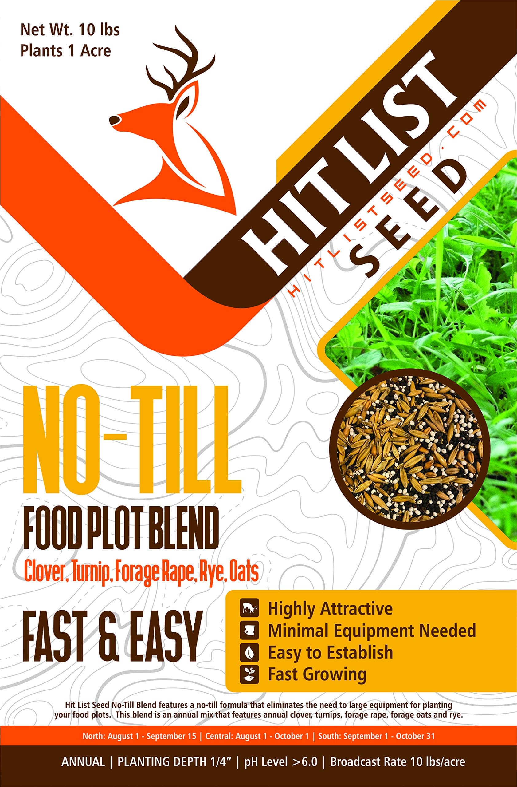No Till Annual Mix - Throw and Grow Clover, Rye, Turnip, Brassica, Oats - No Plow Food Plot Seed for Deer - 10 lbs