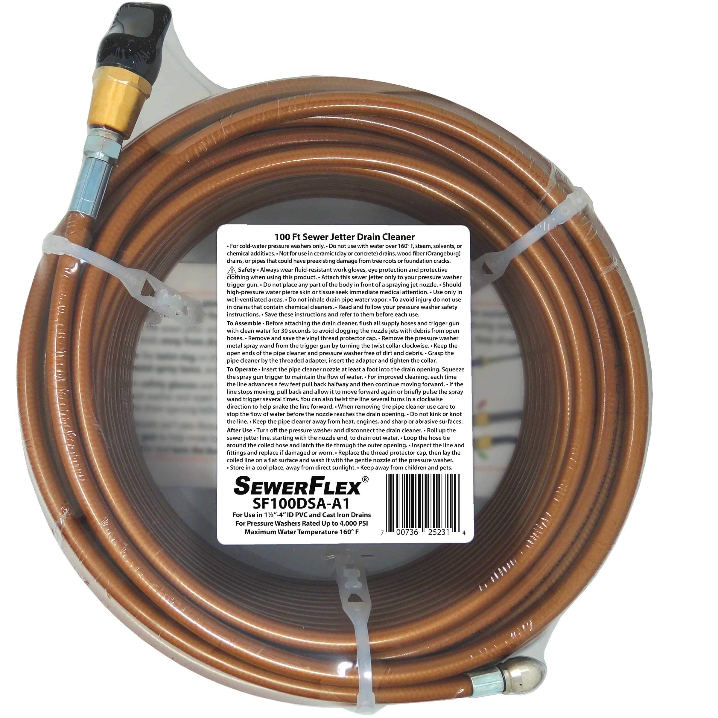 SEWER JETTER - 100 FT Premium Drain Cleaner for Your GAS Pressure Washer (Up to 2.8 GPM) by SewerFlex