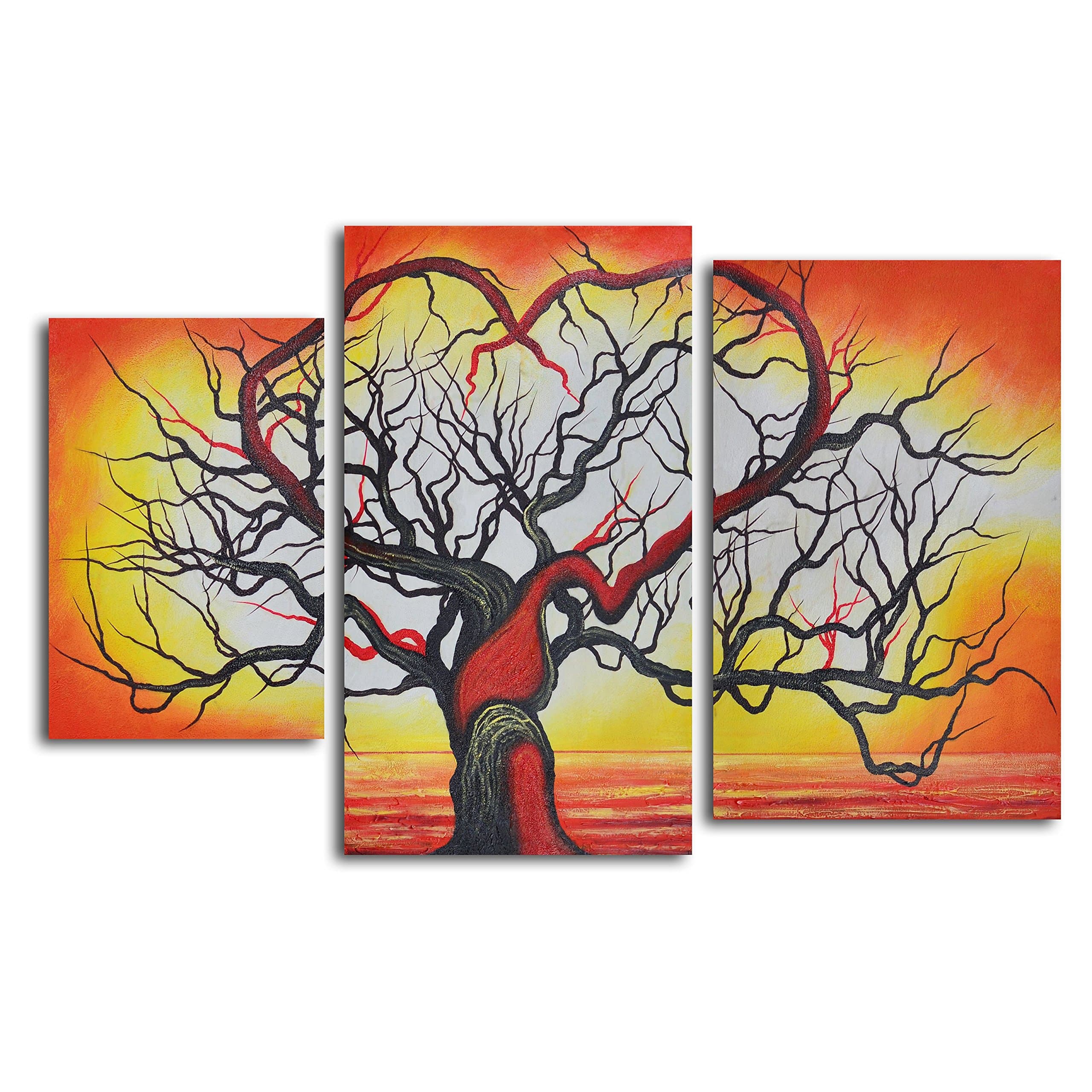 TJie Art Hand Painted Mordern Oil Paintings The Love of Trees 3-Piece Oil Painted Wall Art Set Modern artwork in black/ red/ orange/ yellow,Entirely hand-painted by one talented artist,Gallery stretched over inch-thick wooden frames