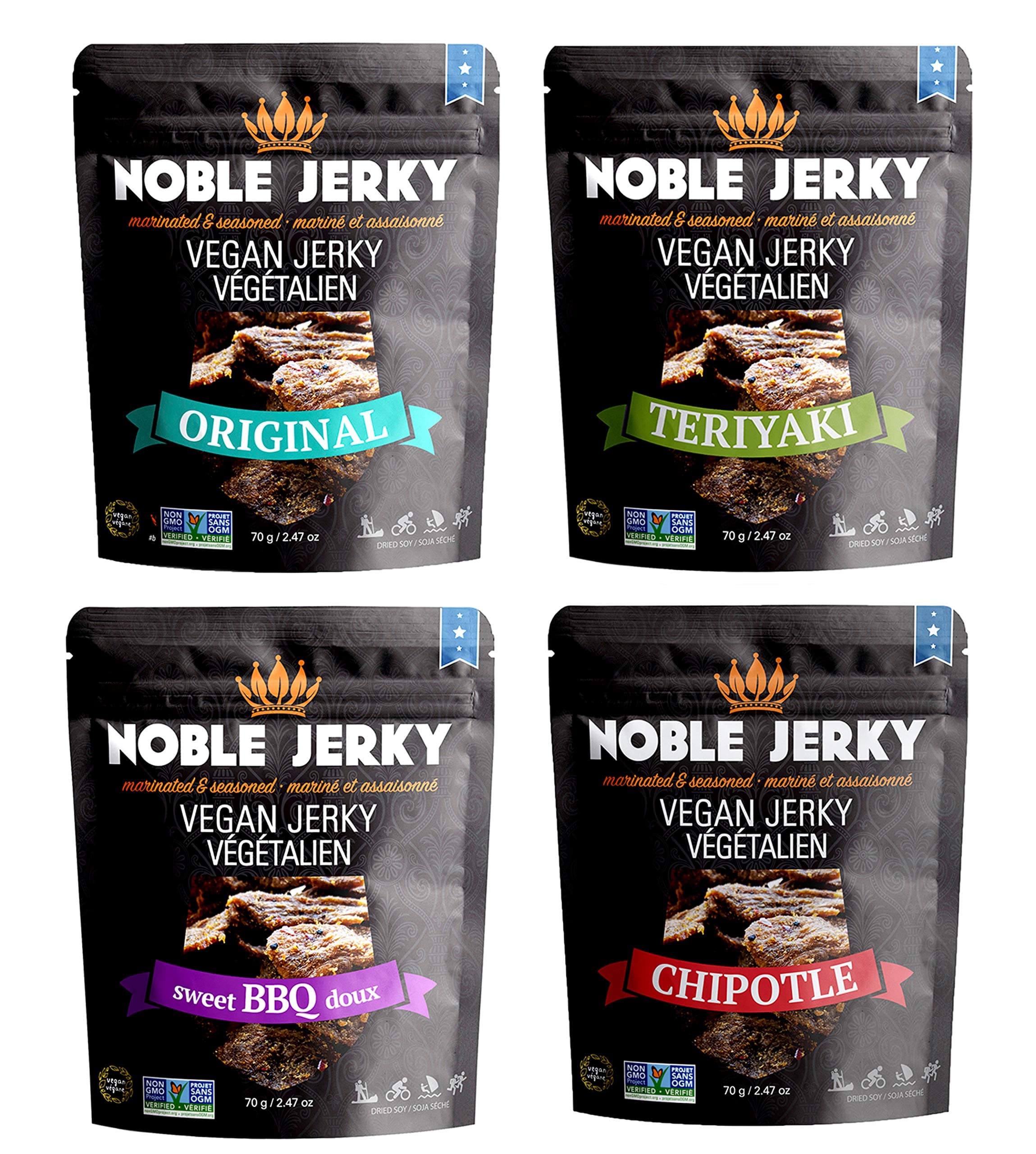 Vegan Jerky, Healthy Plant-Based Protein Snack, Vegetarian, Non-GMO, 4 Pack (Original, BBQ, Teriyaki, Chipotle), (2.47oz Bags), 14g Protein Per Bag, Energy Boost
