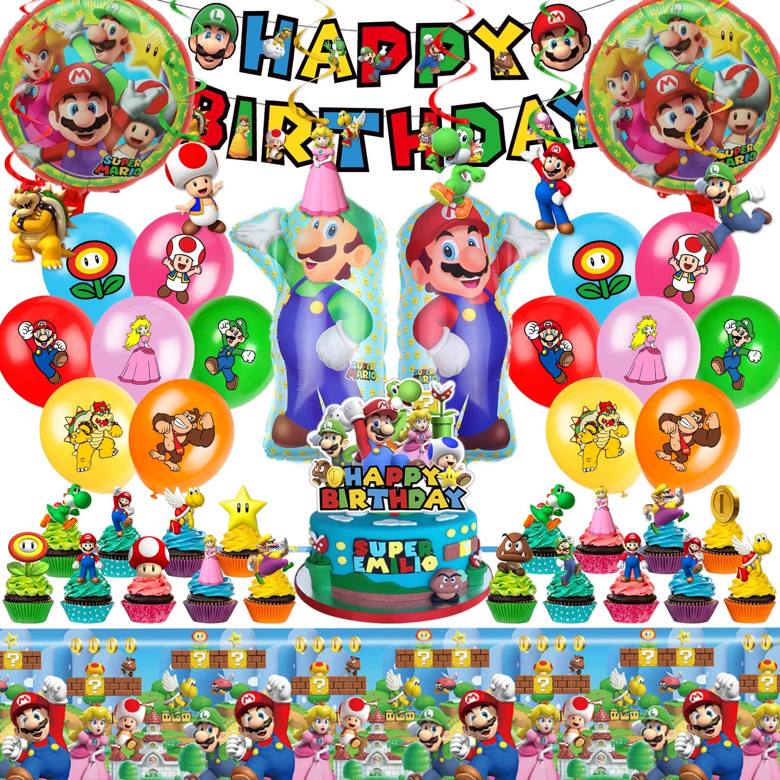 Mario Birthday Party Supplies, Party Decorations Set Include Banner, Balloons, Hanging Swirls, Cake Cupcake Toppers, Tablecloth for Boys Girls Mario Theme Party
