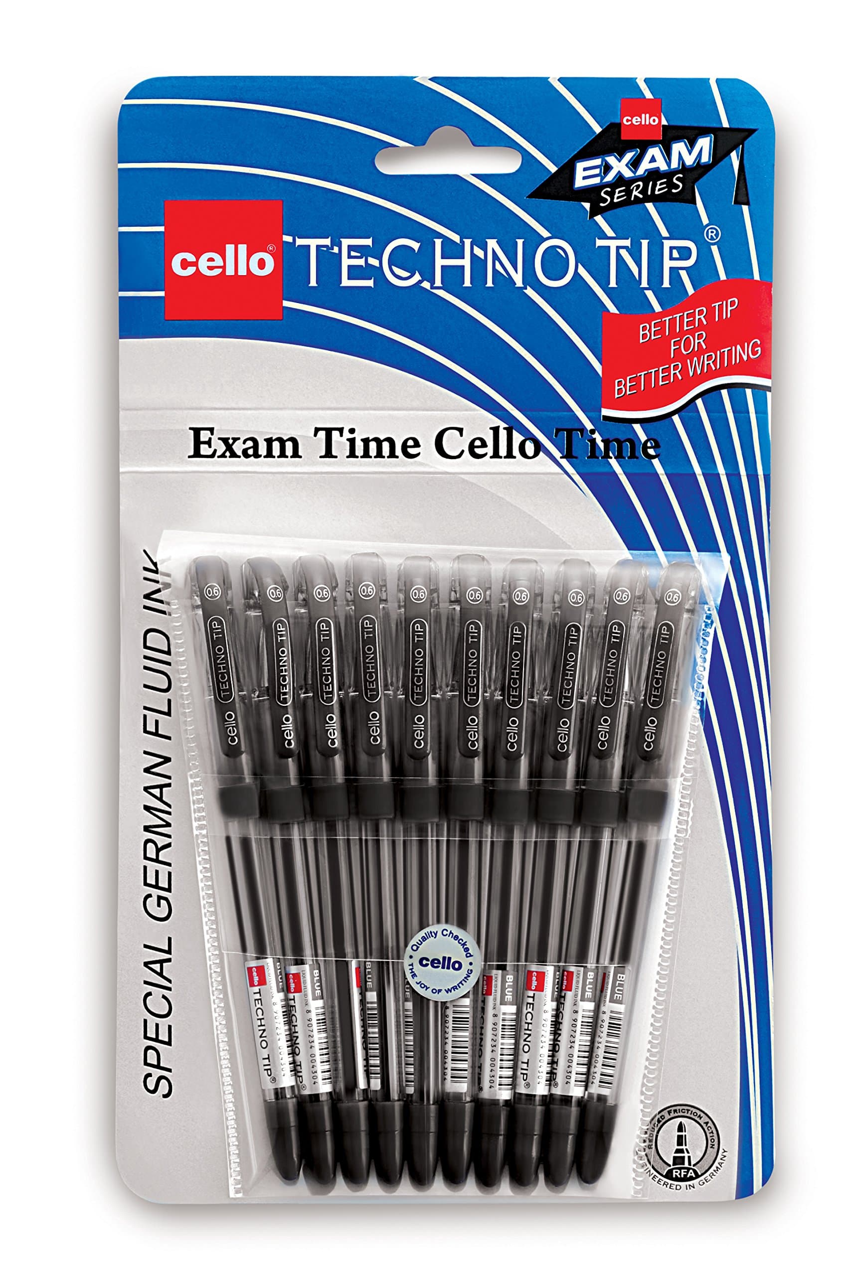 Technotip Ball Pen Set (Pack of 10 pens - Black) | Lightweight ball pens for pressure free & fine writing | Exam pens with grip