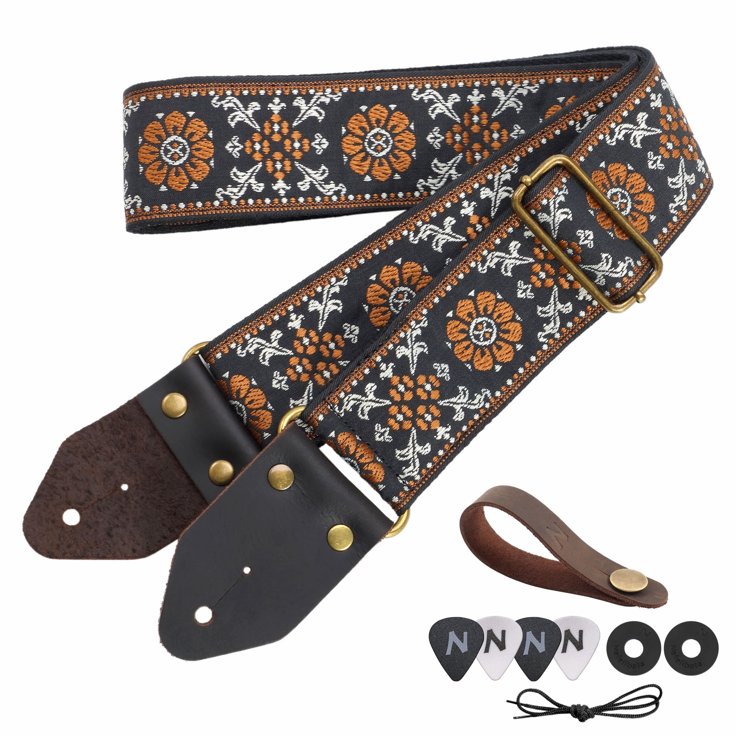 Nefelibata Guitar Strap,Jacquard Embroidery Cotton Guitar Straps with Crazy Horse Leather Leather Ends for Bass