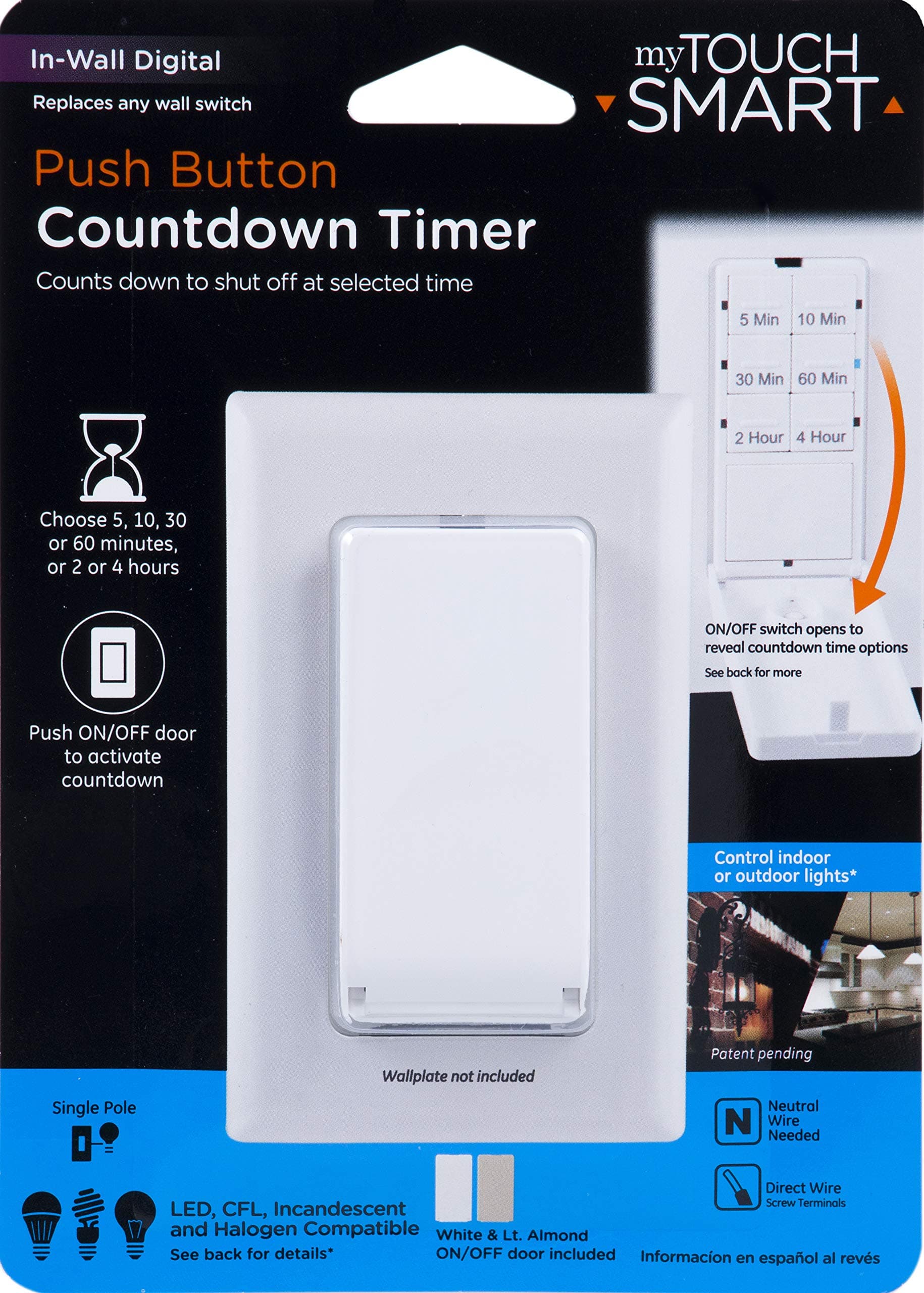 myTouchSmart Push Button In-Wall Digital Countdown Timer Switch, ON/OFF Door Button, 5-10-30-60 Min. and 2 – 4 Hr Presets, for Lights, Exhaust Fans, Heaters, White/Lt. Almond Doors Included, 40953