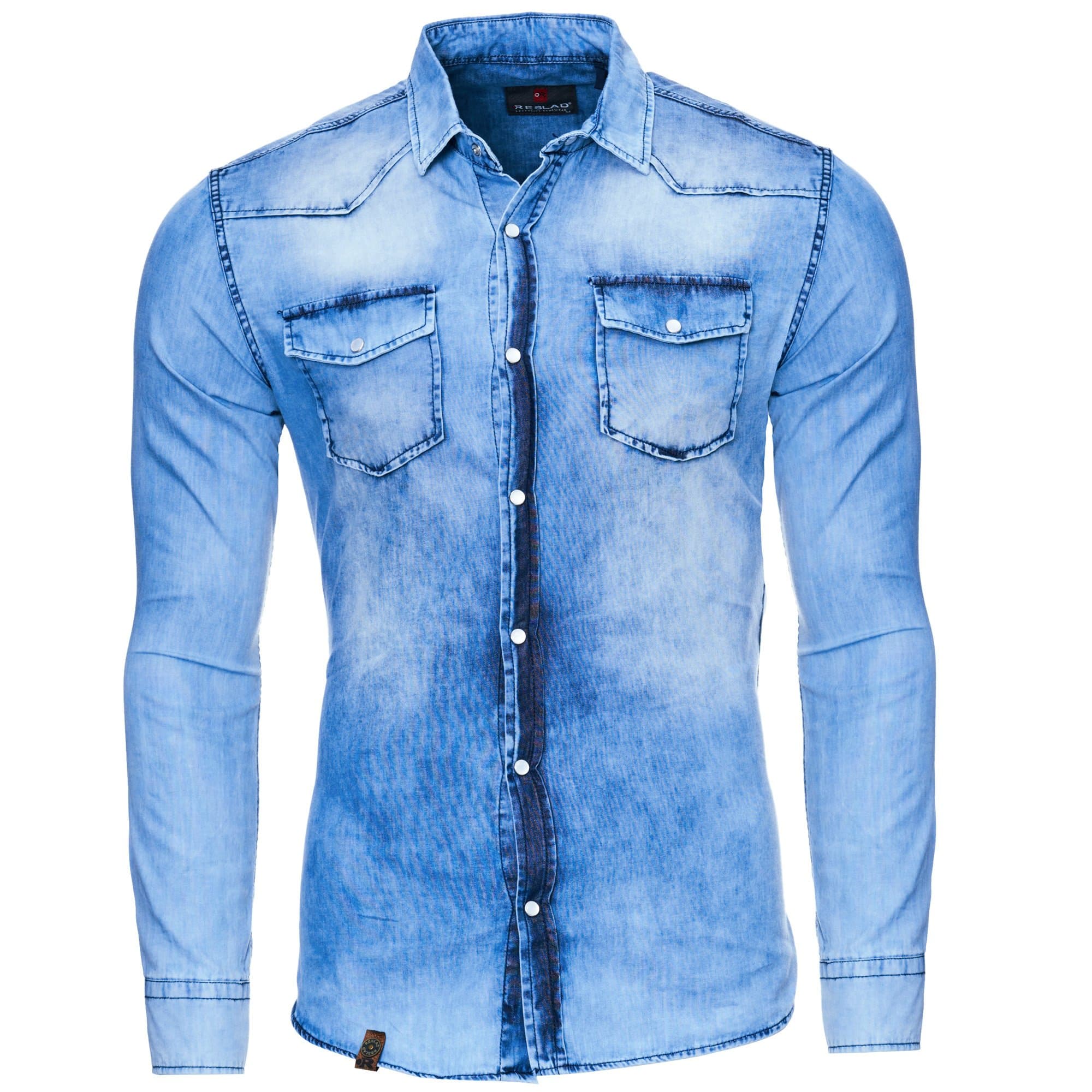 Reslad Men's Slim Fit Vintage Denim Shirt Wash Blue Leisure Shirt 100% Cotton; RS-7109