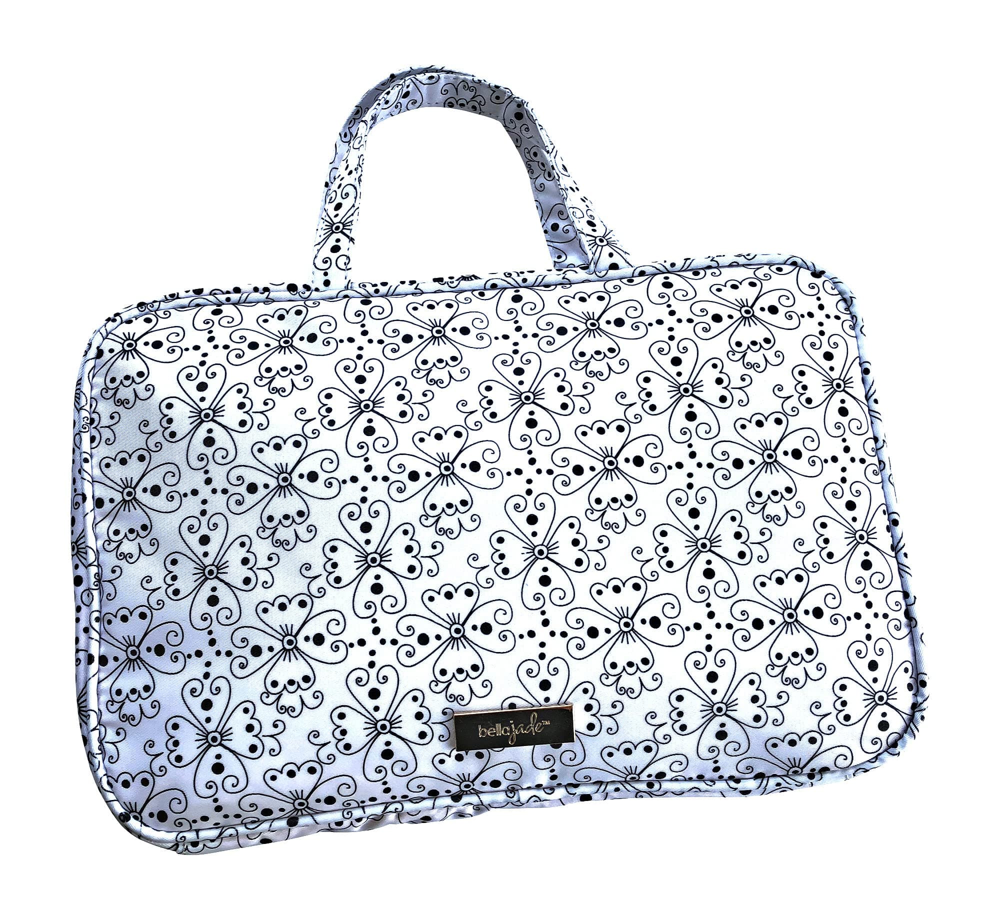 Makeup Travel Bag with Brush Compartment, Portable Cosmetic Case Organizer for Storage of Toiletries, Black & White Floral