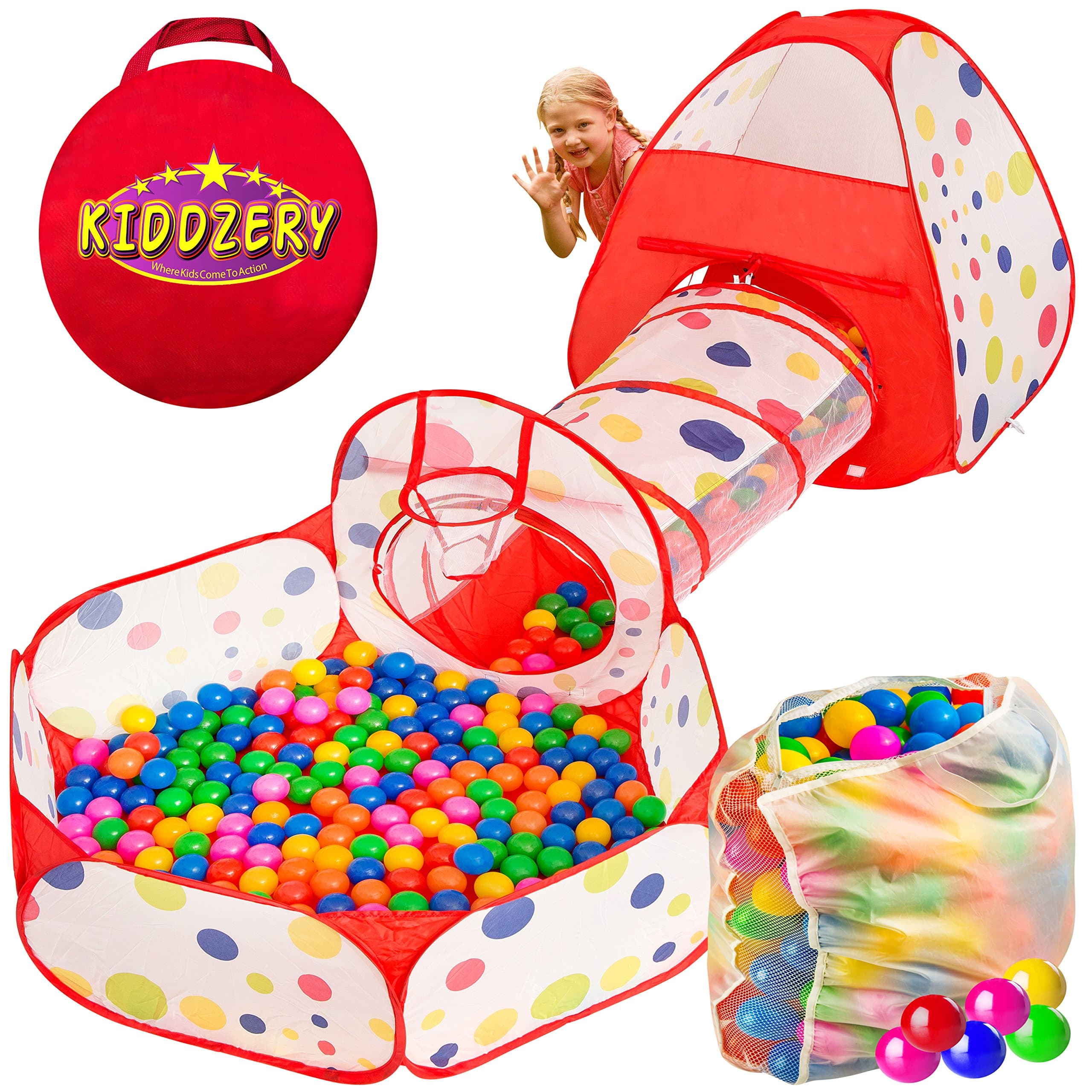 Kiddzery 3pc Ball Pit with Balls, Pop Up Kids Play Tent w/ Crawl Tunnel & Ball Pit, – 200 Crush Proof Balls - Great for Boys & Girls, Toddlers & Babies –W/ Carrying Case for Balls and Ball Pit