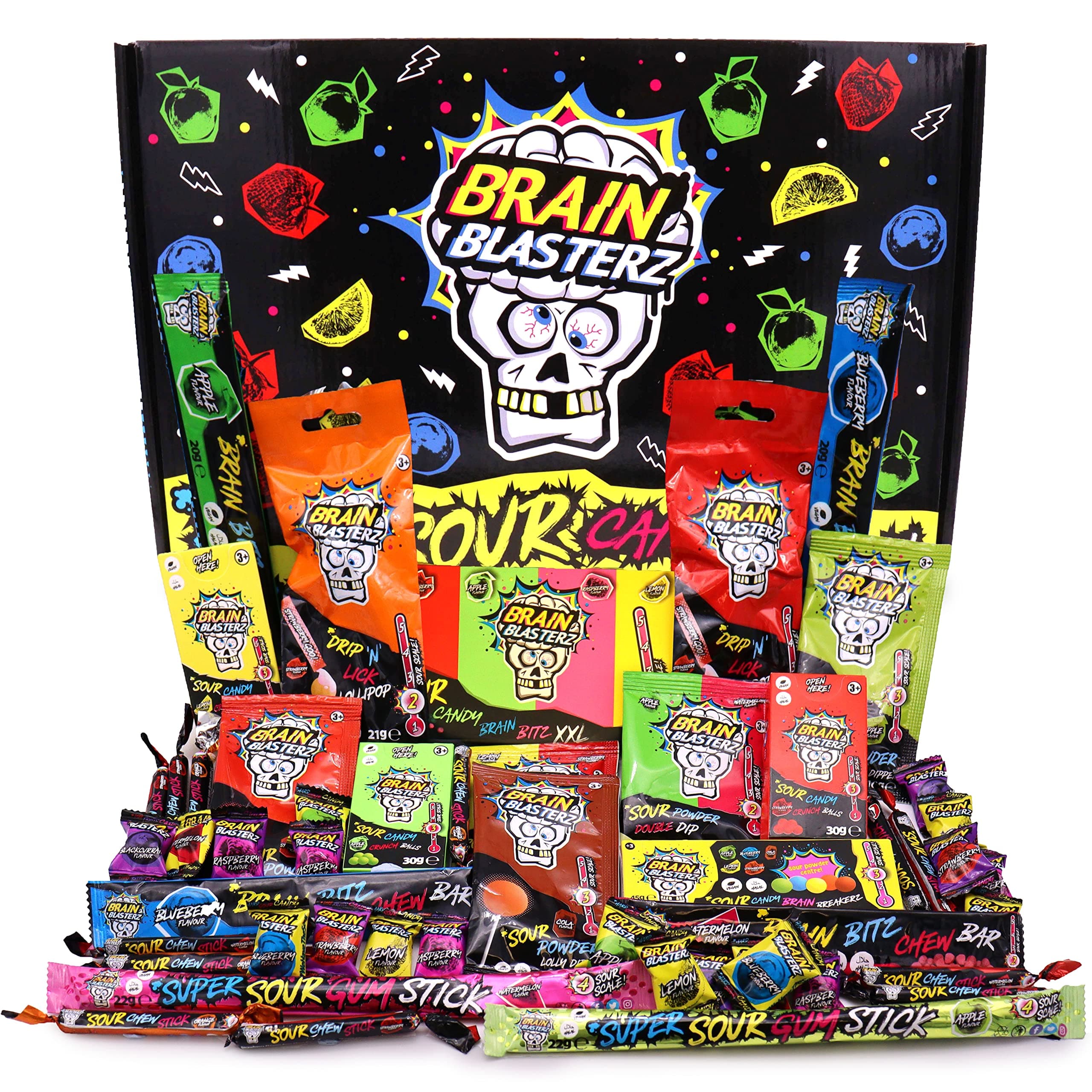 Brain Blasterz LARGE Sour sweets gift box, Super sour sweets challenge, Hard Candy, Sour Powder, Lollipop, Chew Bars, Strawberry, Apple, Watermelon, 46 Pieces, 663g