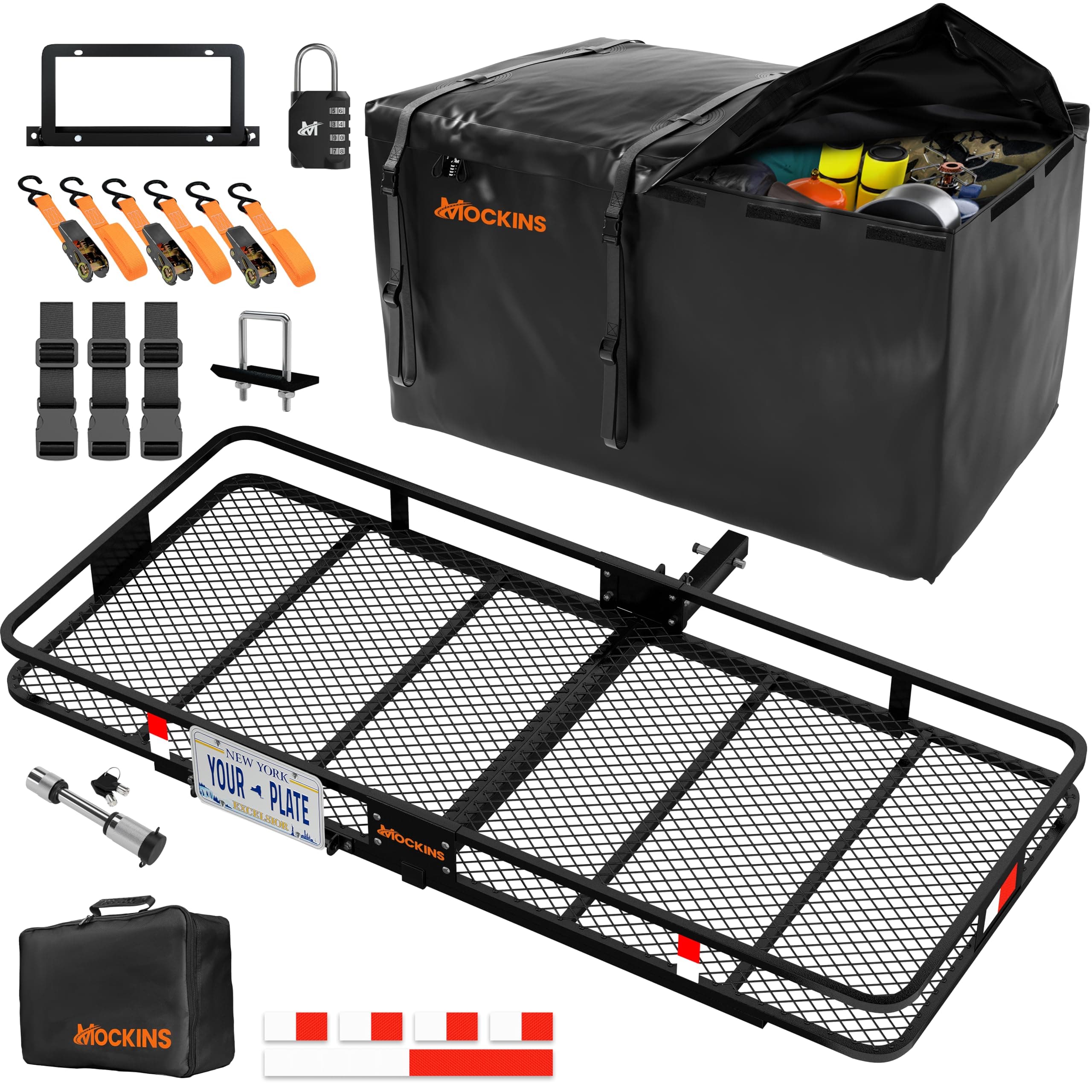 Mockins 70"x30"x6" XXL Folding Trailer Hitch Cargo Carrier w/Plate Bracket | 500 Lbs Cap All-Weather Steel Luggage Rack for SUV Car & Truck w/ 40 CuFt Waterproof Cargo Hitch Carrier Bag & Accessories