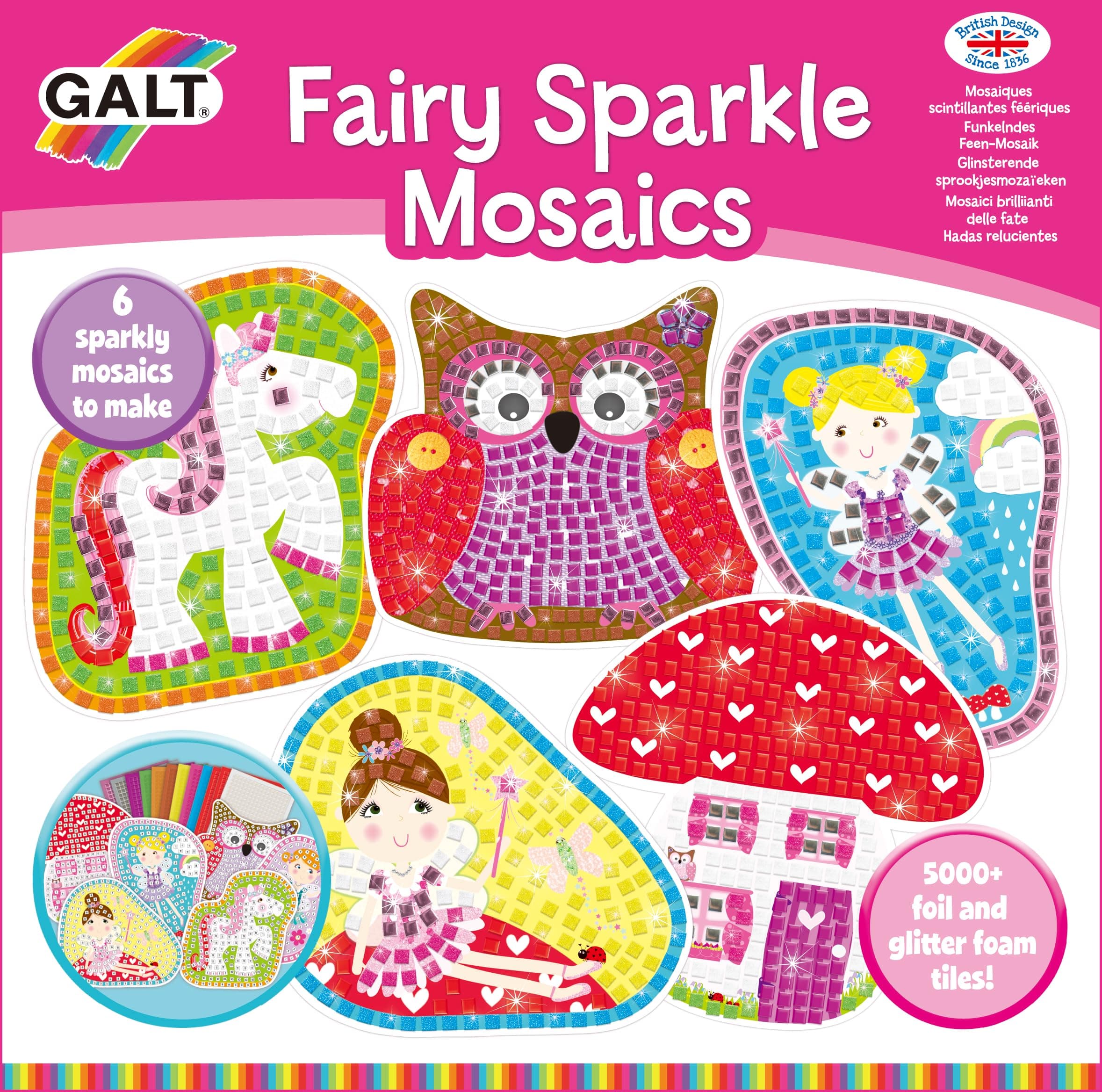 Galt Fairy Sparkle Mosaics -Childrens Glitter Mosaic Set,Arts and Crafts Kit for Kids,Colourful Design Tile by Number Pictures and 5000Plus Self-Adhesive Glitter and Foil Foam Tiles -Ages 5 Years Plus