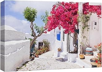 wall26 Canvas Print Wall Art Santorini Greece Pink Flowers Nature Wilderness Photography Realism Landscape Scenic Bohemian Rustic Countryside Cityscape for Living Room, Bedroom, Office - 24"x36"