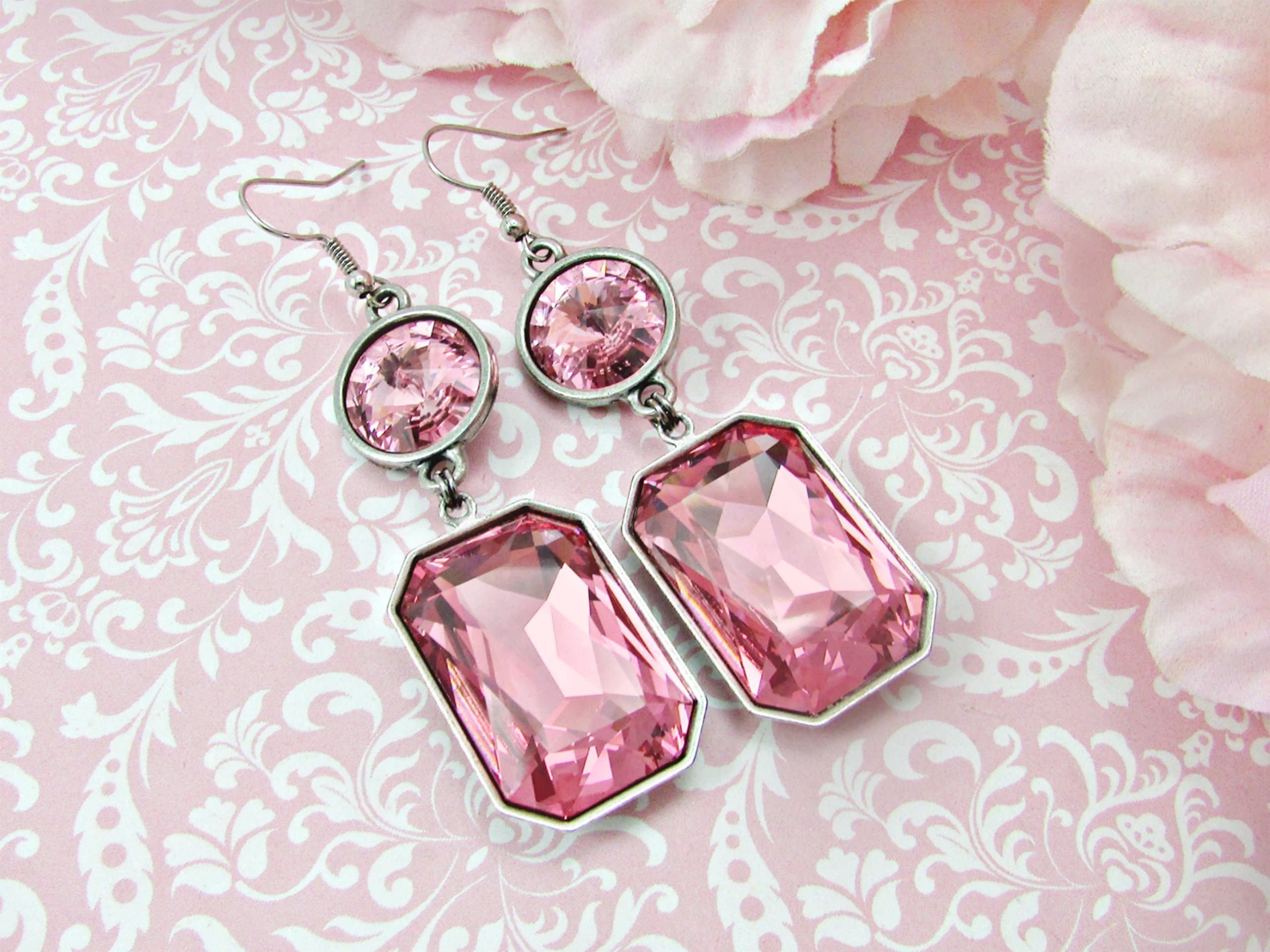 Swarovski Crystal Emerald Cut Octagon and Rivoli Drop Earrings in Light Rose