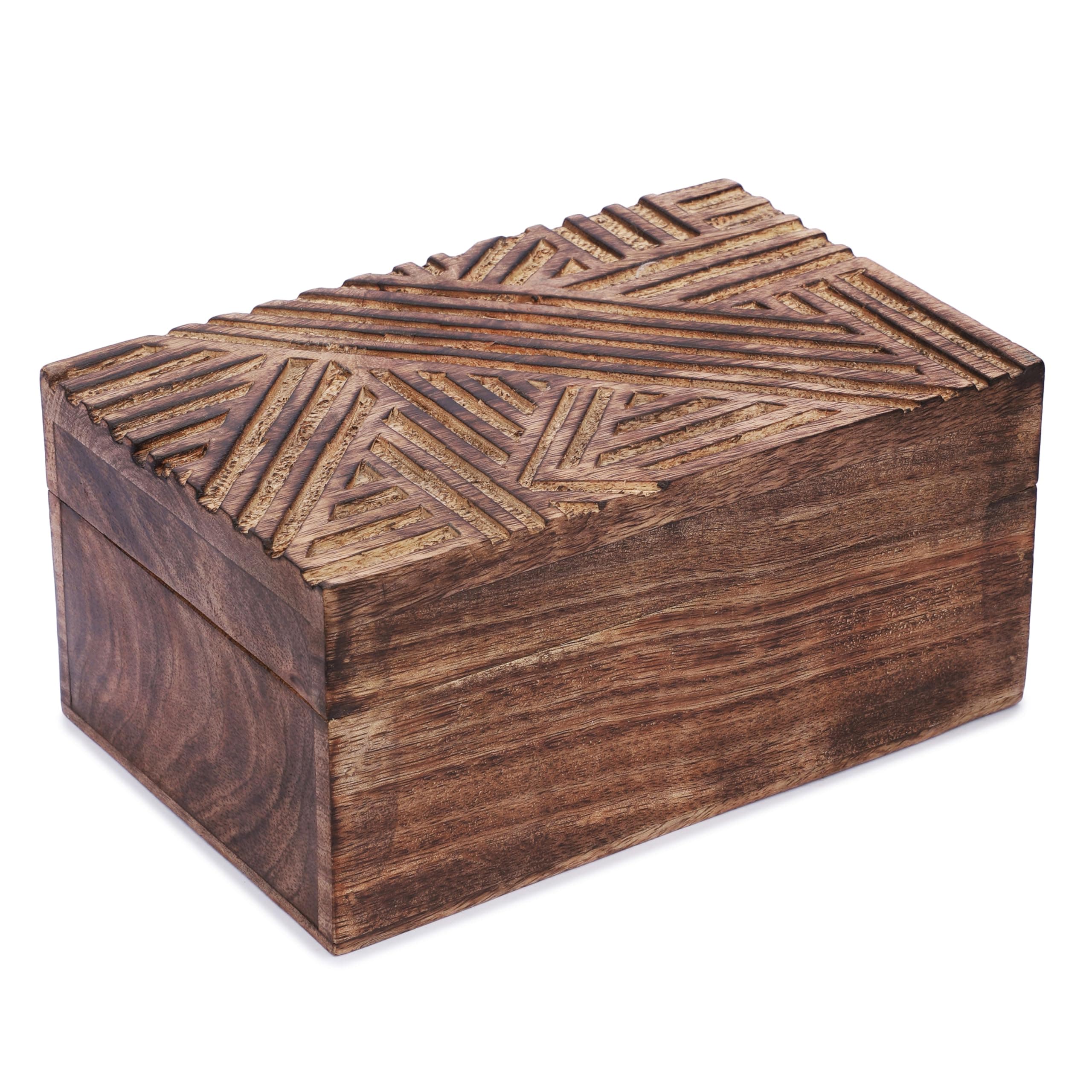 Ajuny Wooden Hand Carving Jewelry Box Line Design Trinket Chest Keepsake Box