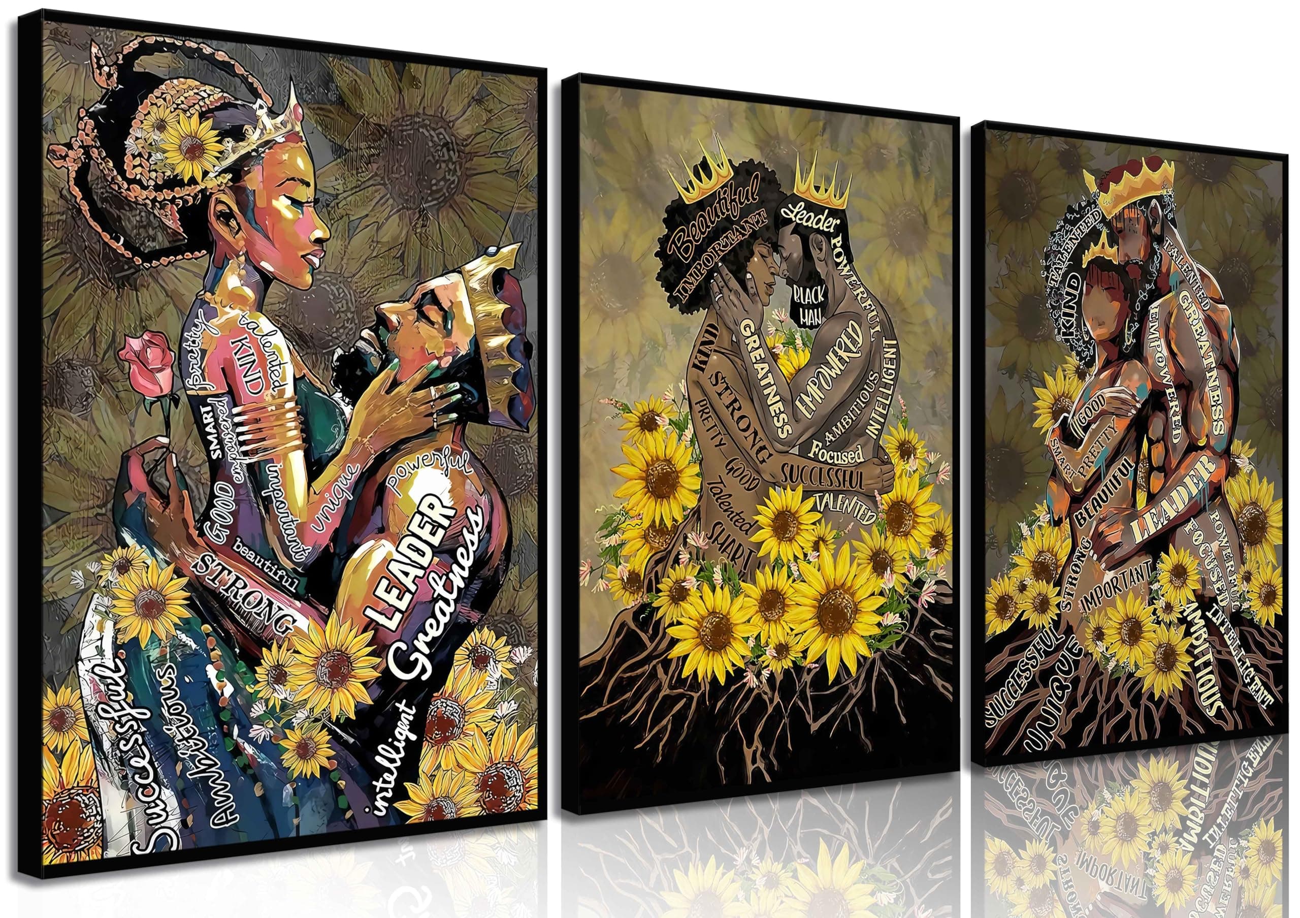 WSTUKVV 3pcs African American Wall Art Afro King Queen Posters Pictures Yellow Sunflower Abstract King Queen Canvas Paintings Motivational Quotes Prints Artwork Wall Decor For Bedroom Unframed