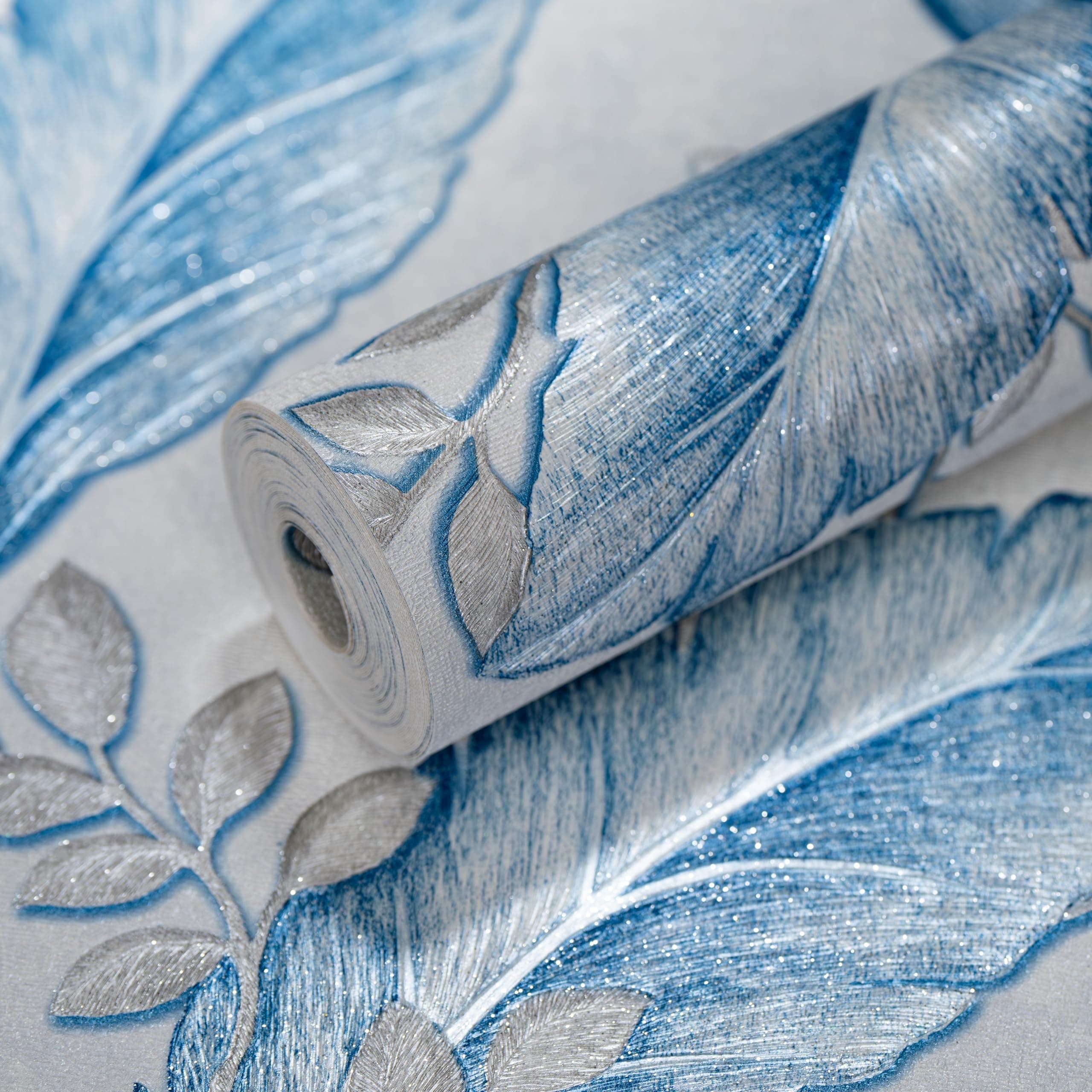 Non-Woven Wallpaper Non-Adhesive (53 x 950 CM) (Blue Leaf) | Sparkling Blue Leaf Design with Textured Silver Details | White & Blue Decorative Wall Covering (54.18 Sq Ft)