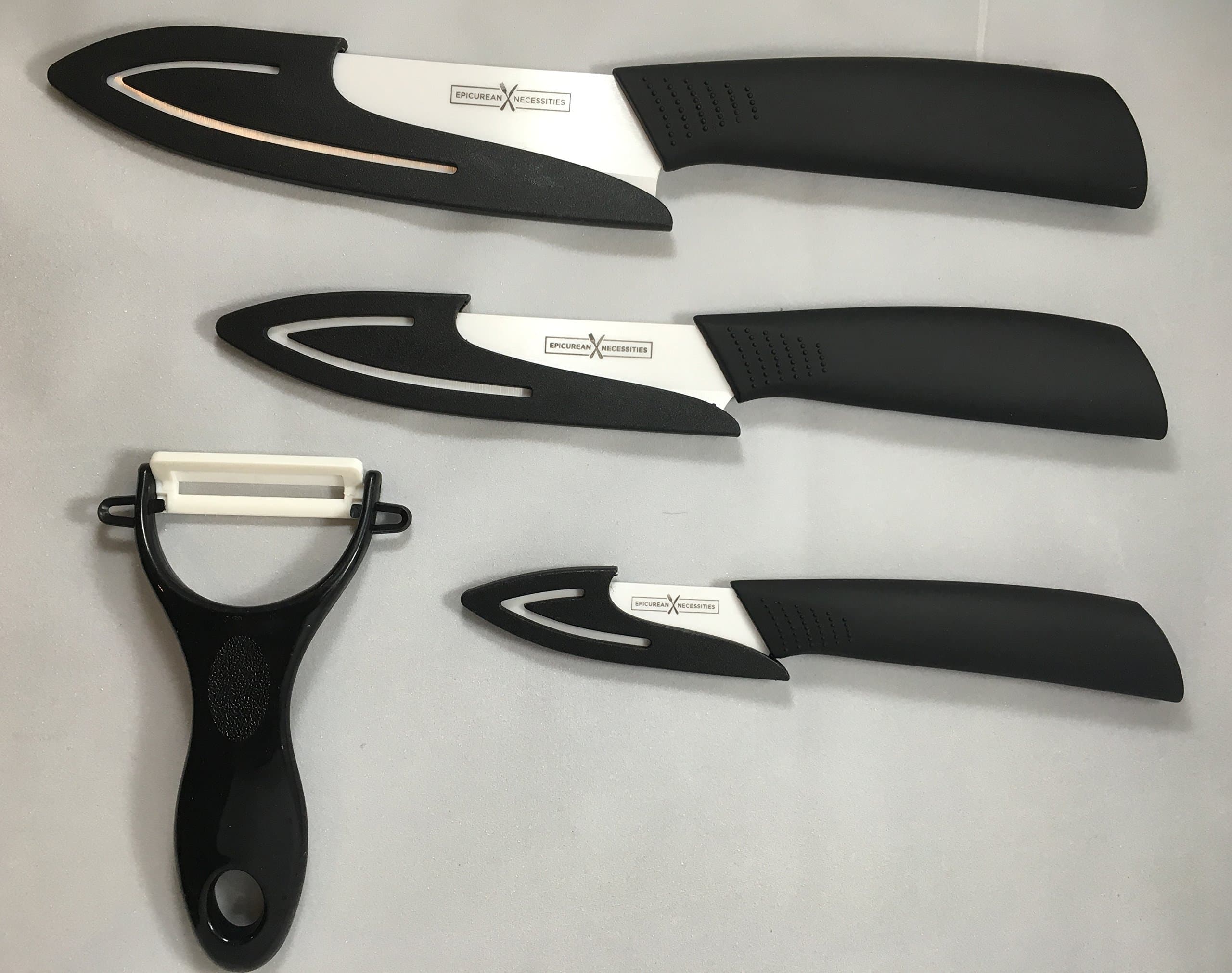 Ceramic Knife Set 7 pieces. 6"Chef, 5"Utility, 3"Paring w/Sheaths + Peeler in a Deluxe Gift Box