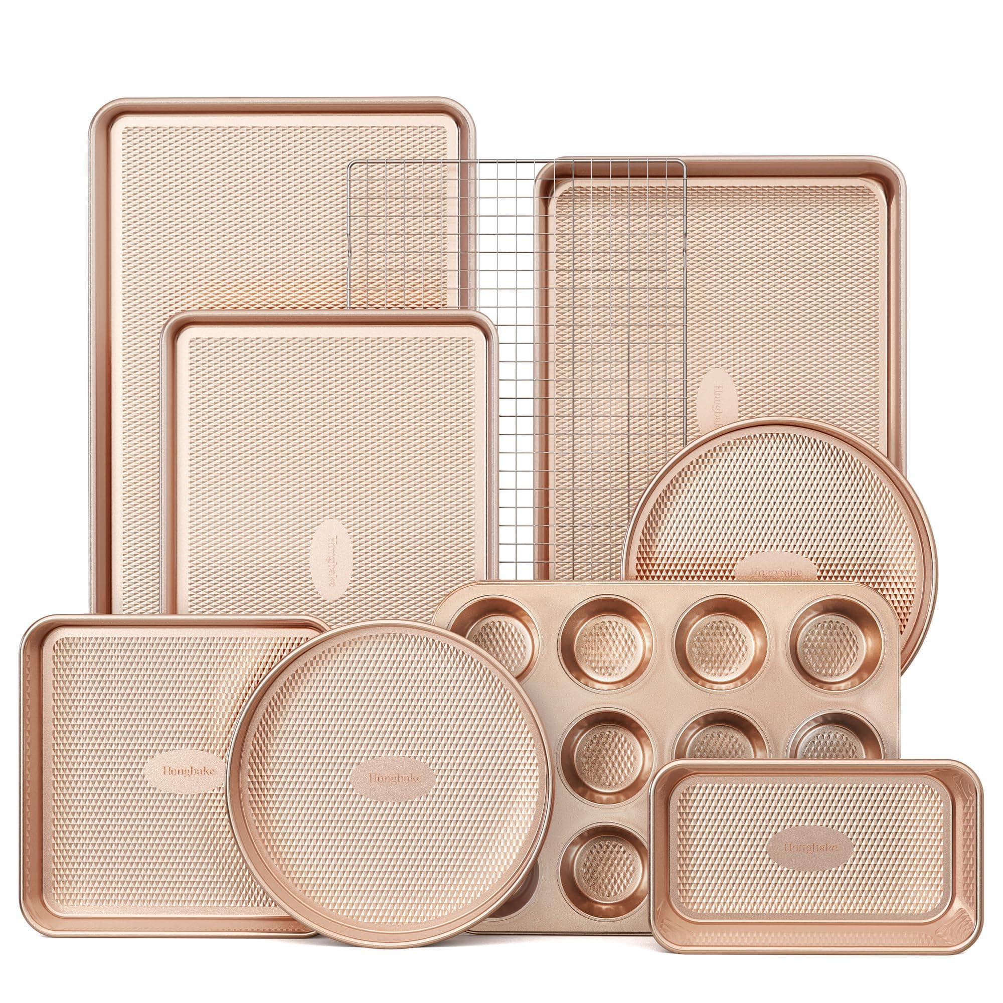 9-Piece Baking Pans Set Nonstick, Stackable Non Toxic Bakeware Sets with Diamond Texture, Oven Pan Set for Cooking, Includes Cookie Sheet with Rack, Cake Pan, Roasting Pan, Muffin Tin, Gold