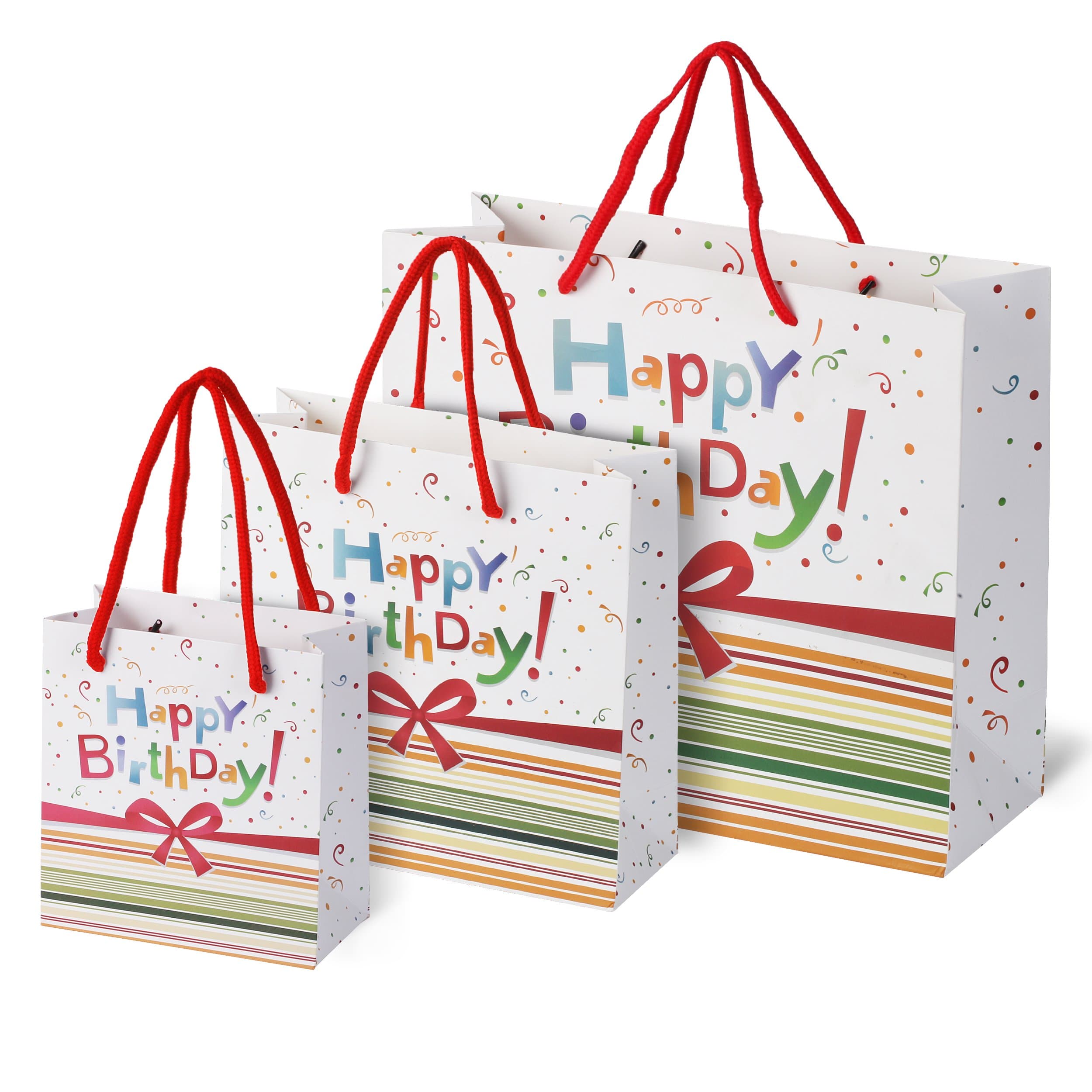 Birthday Gift Bags Rainbow Confetti Bow Design 3 Pack Small Medium Large Assortment