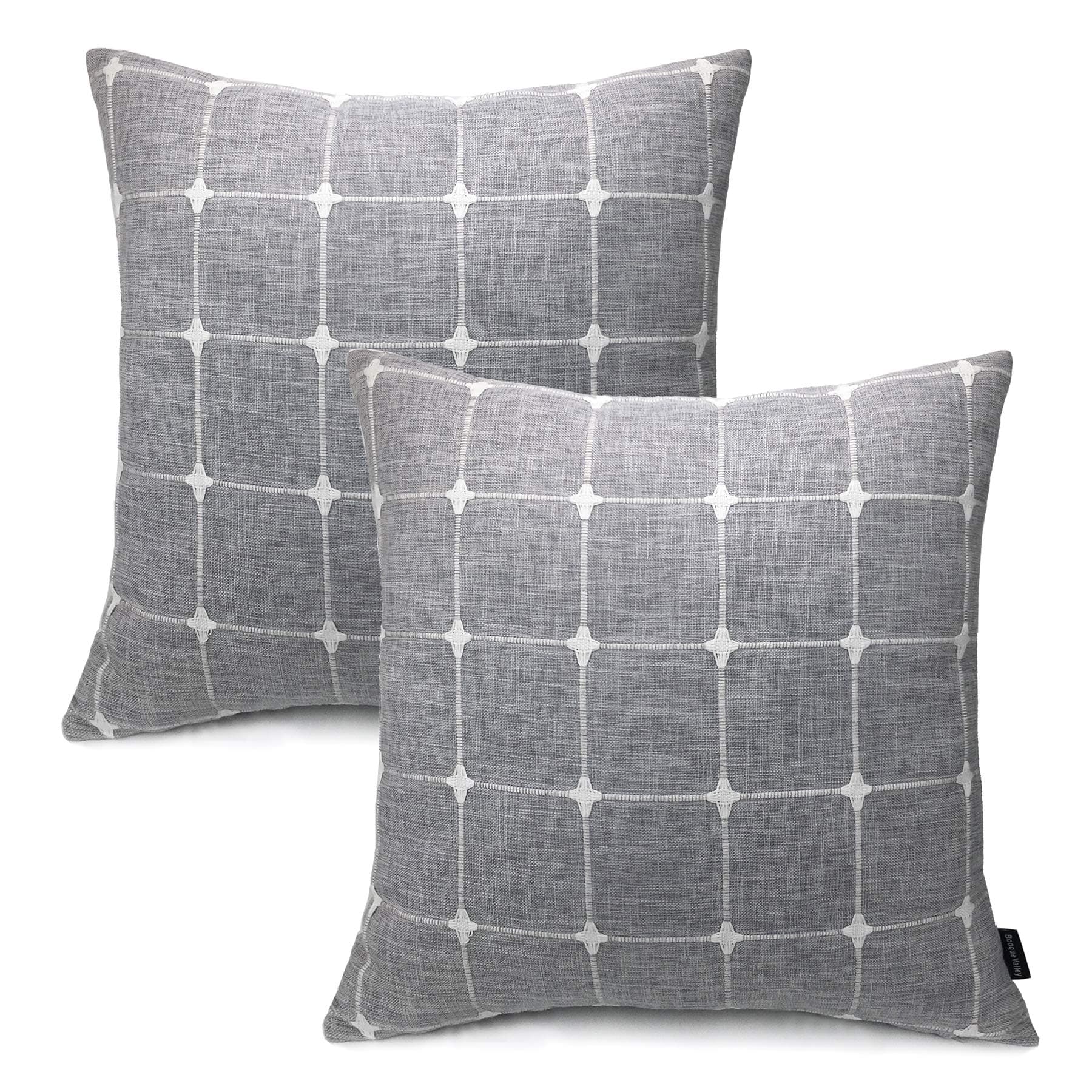 Booque Valley Plaid Pillow Covers 20 x 20 inch, Pack of 2 Soft Woven Texture Gray Cushion Covers, Hand Made Check Throw Pillow Cases for Sofa Bed Car Chair（Grey）