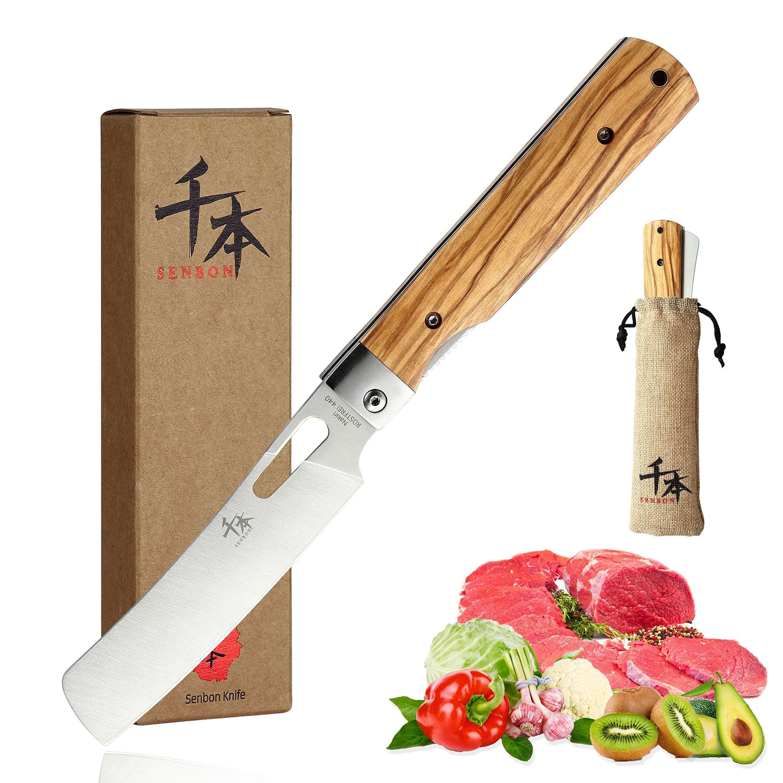 SENBON 440A Steel Folding Knife Portable Convenient Outdoor Knife Camping Chef Knife Olive Wood Handle Camping Travel BBQ Petty Outdoor Camping Cooking Knife