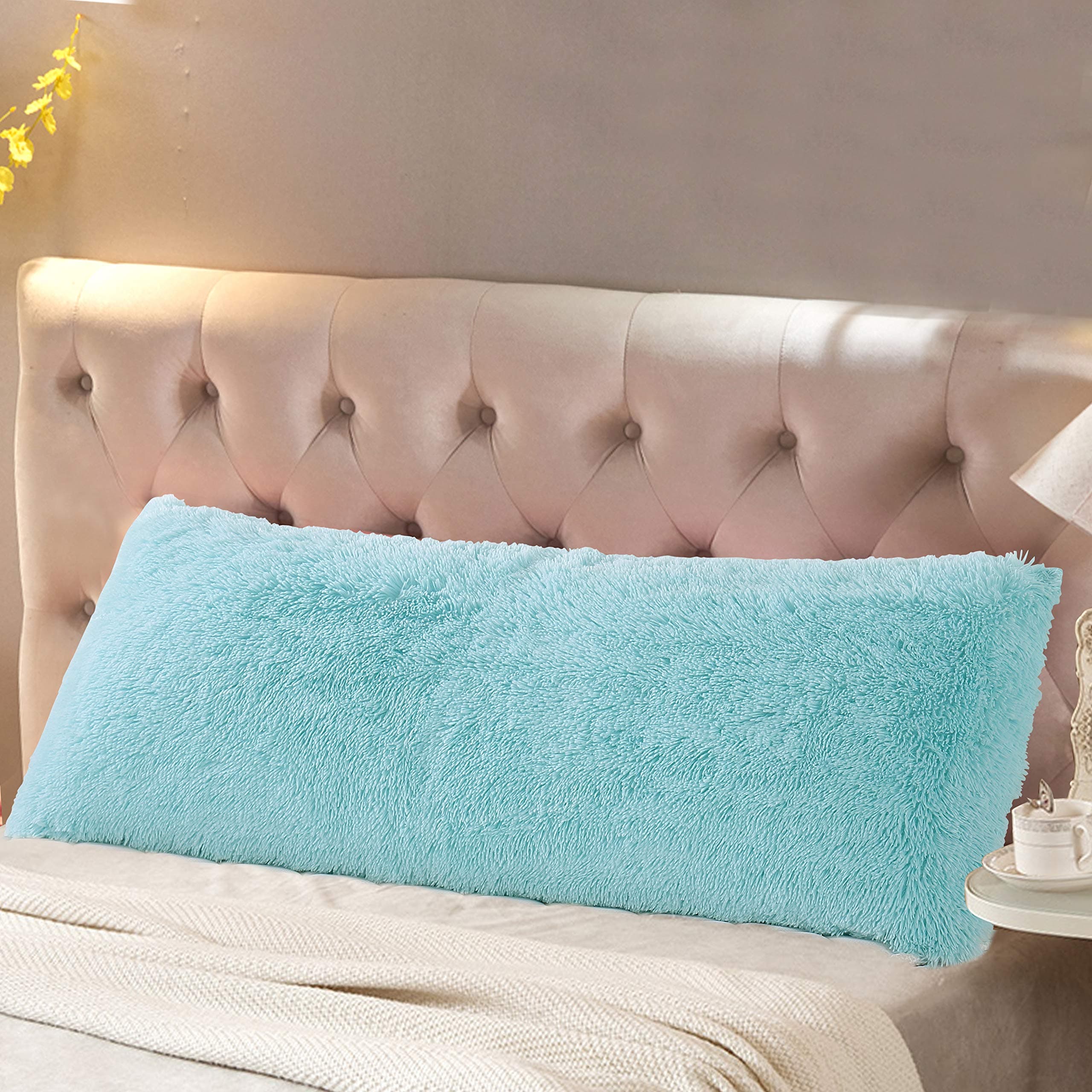 Reafort Luxury Faux Fur Body Pillow Cover 21" x 54", Long Hair PV Plush Body Pillow Case with Hidden Zipper Closure, Ultra Soft Fluffy Decorative Long Pillow Cover (Aqua, Body)