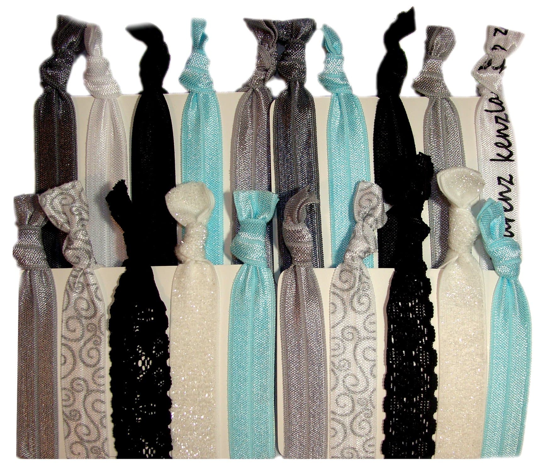 Hair Ties Ponytail Holders - 20 Pack "Bridal Lace Silver Glitter" No Crease Ouchless Elastic Styling Accessories Pony Tail Elastics Holder Ribbon Bands