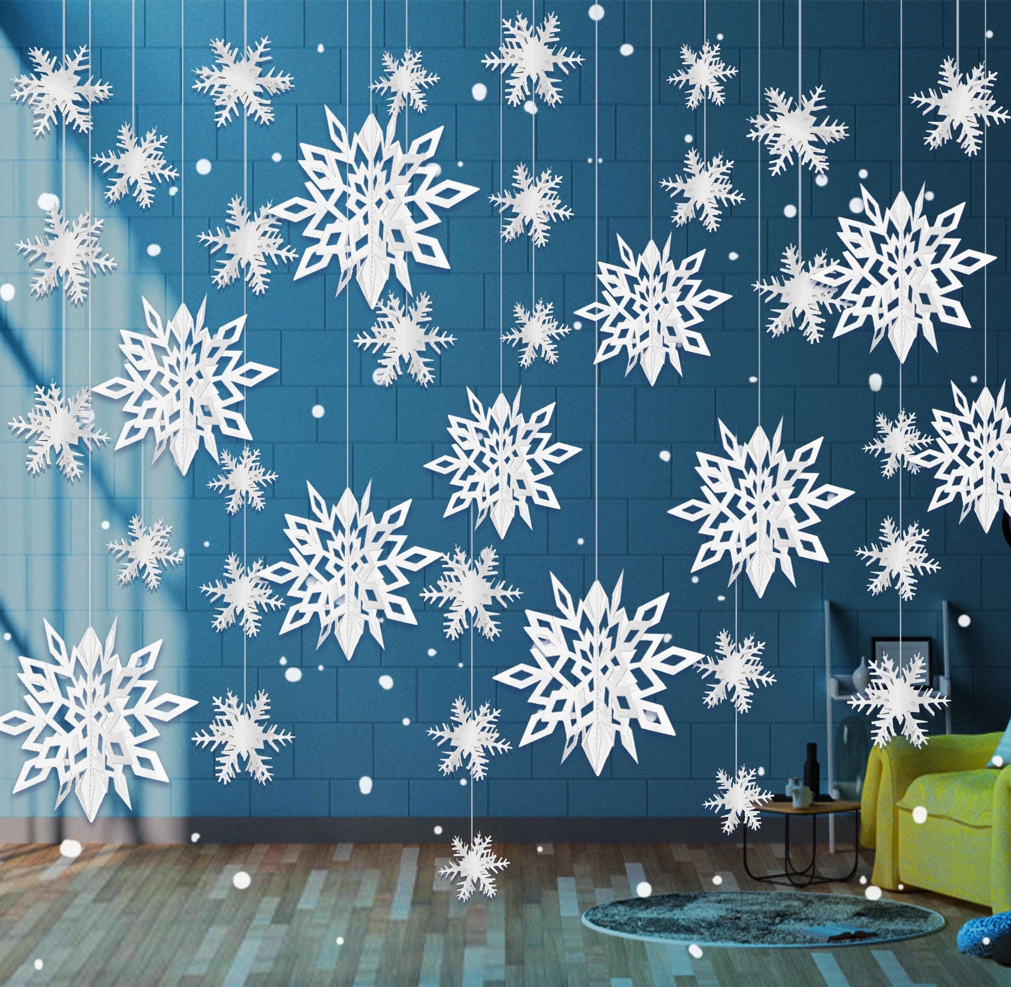 24PCS Snowflake Christmas Decorations, 3D Large White Paper Snowflakes Garland Hanging Snow Flakes for Winter Wonderland Christmas Party Decorations Holiday New Year Home Decor, Antiquewhite