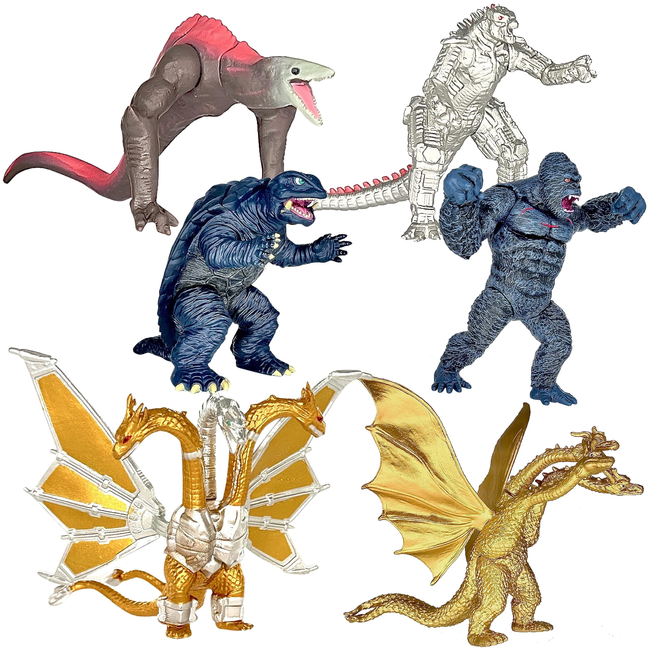 TwCare Exclusive Set of 6 Godzilla vs Kong Toys Movable Joint Action Figures, King of The Monster Dinosaur Ghidorah Skull Crawler Mecha Mechagodzilla Cake Toppers Pack