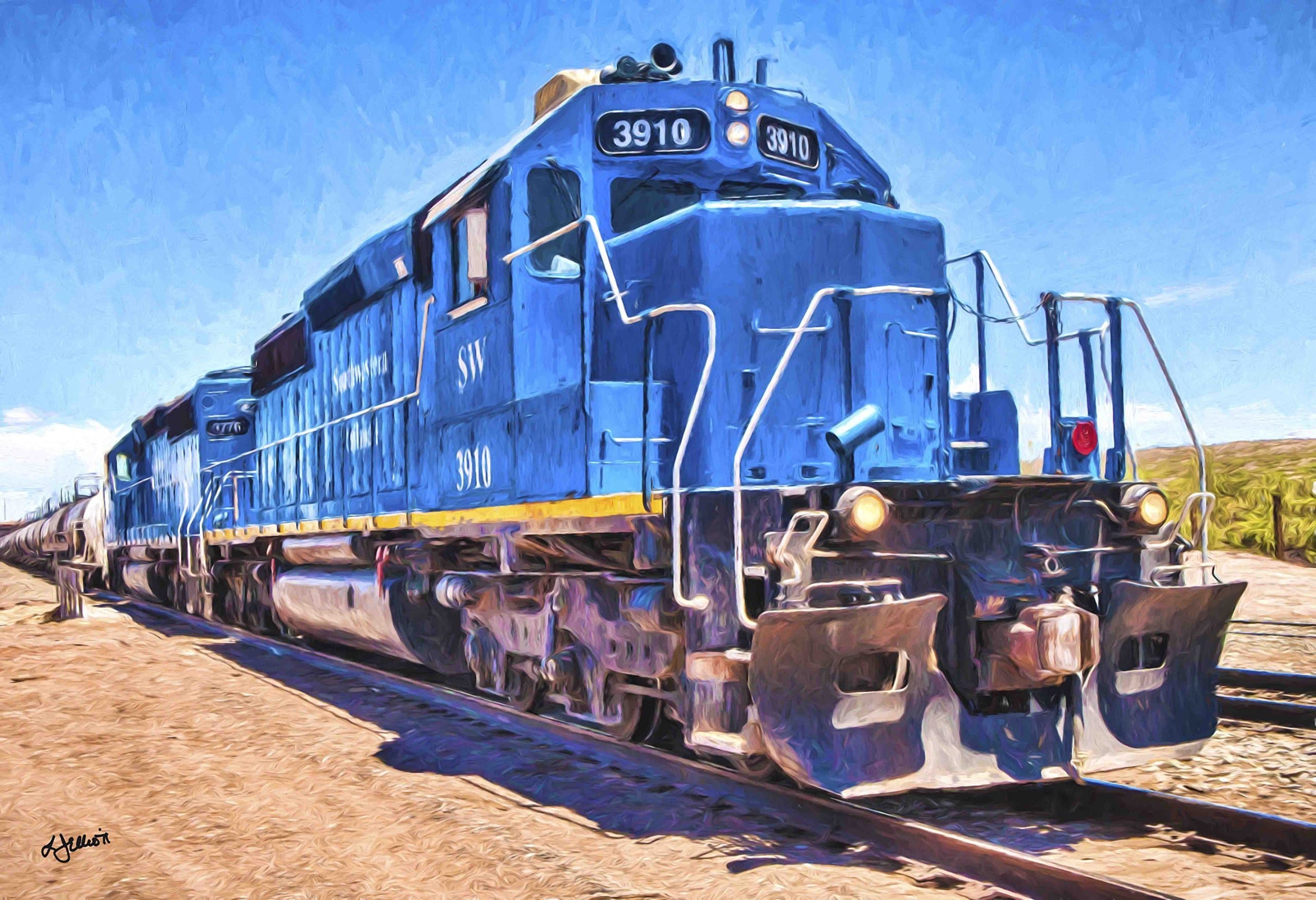 Big Blue Train Traveling the Western United States, Railroad in the west, Locomotive on the move
