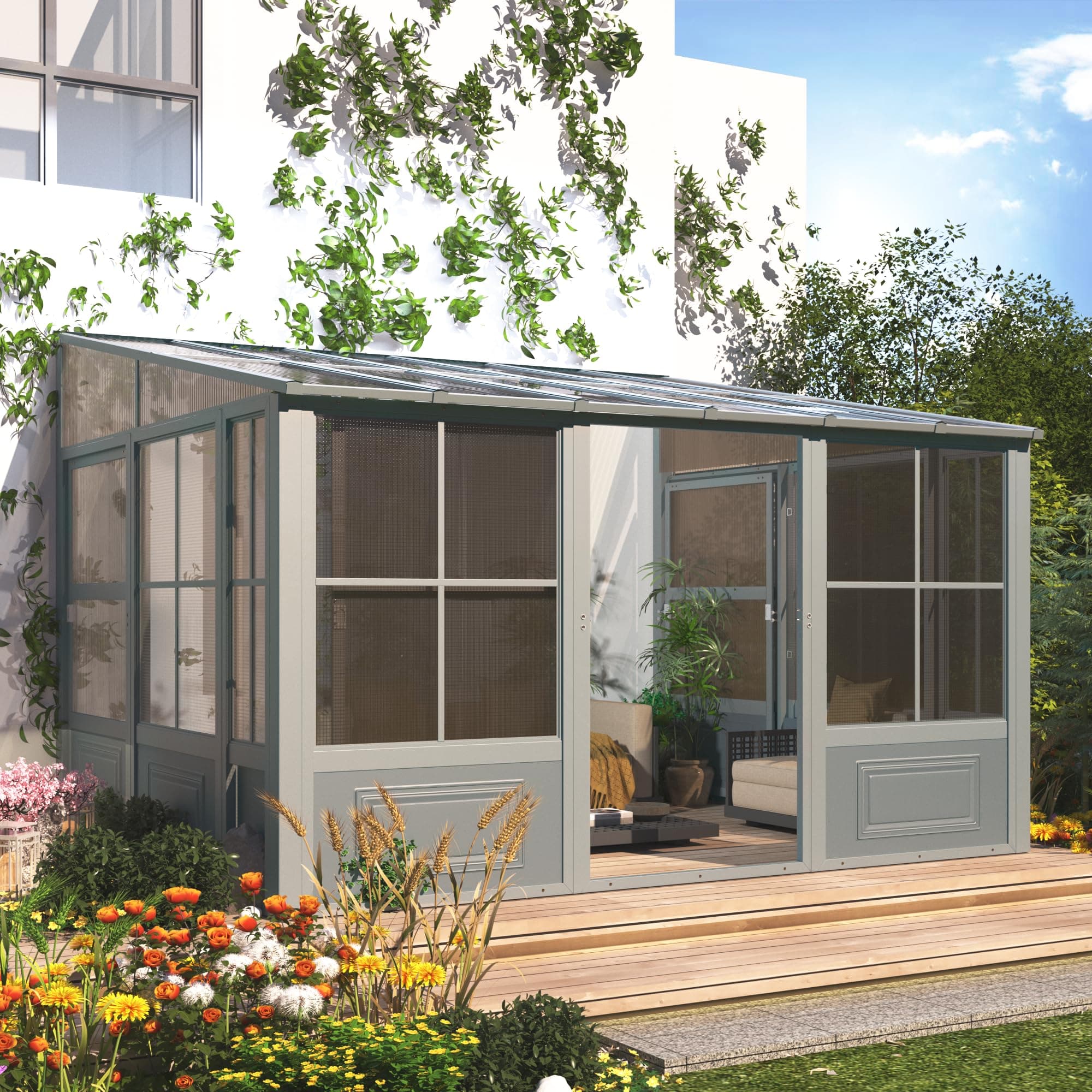EROMMY 10' x 12' Sunroom, Wall Mounted Gazebo Solarium with Aluminum Frame, Polycarbonate Roof, Permanent Sun Room with Sliding Doors, Lockable PC Screen Walls, Lean to pergola for Garden, Patio, Grey