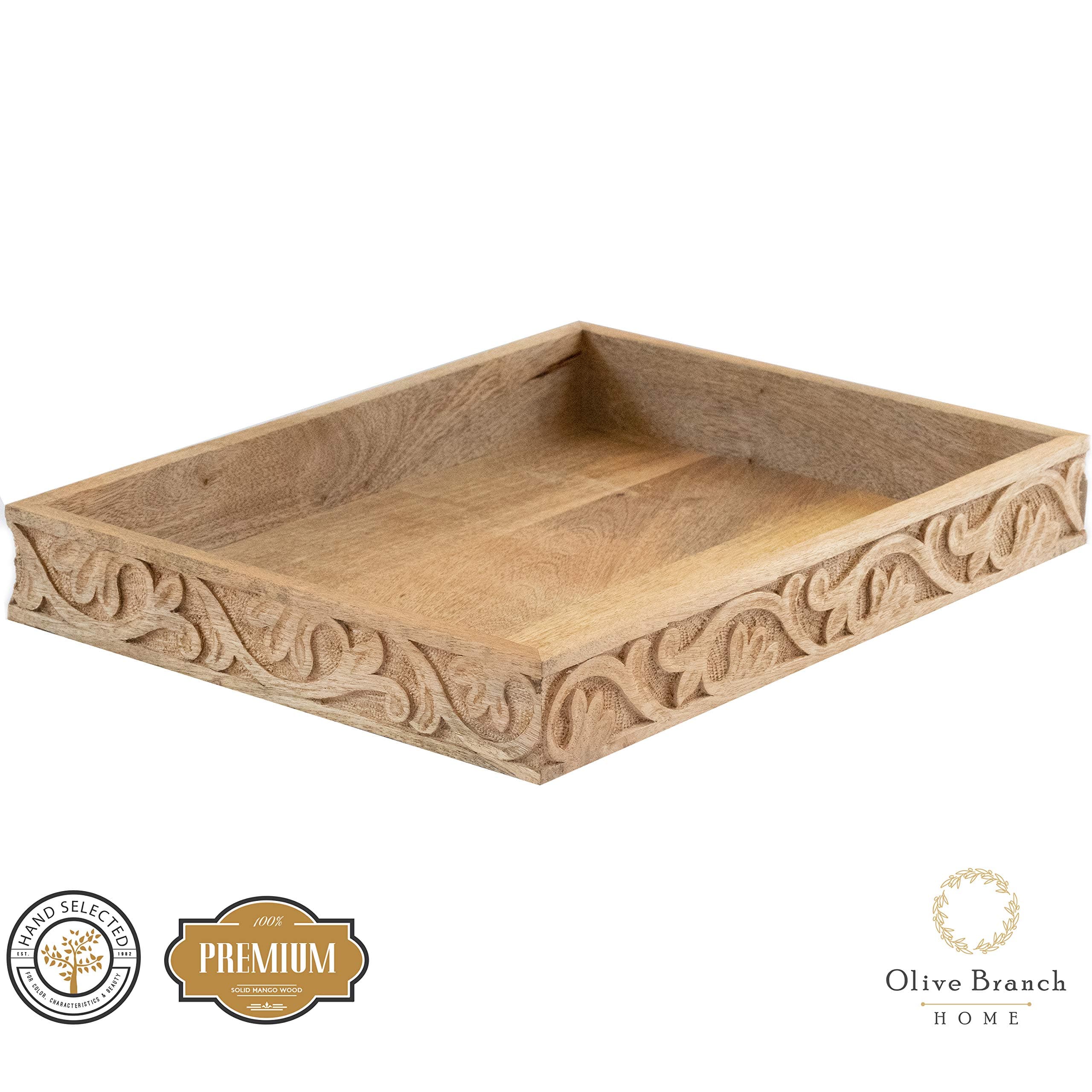 Olive Branch Home Wooden Decorative Serving Tray & Coffee Table Tray, Beautifully Carved Natural Mango Wood 16.25-in x 12-in