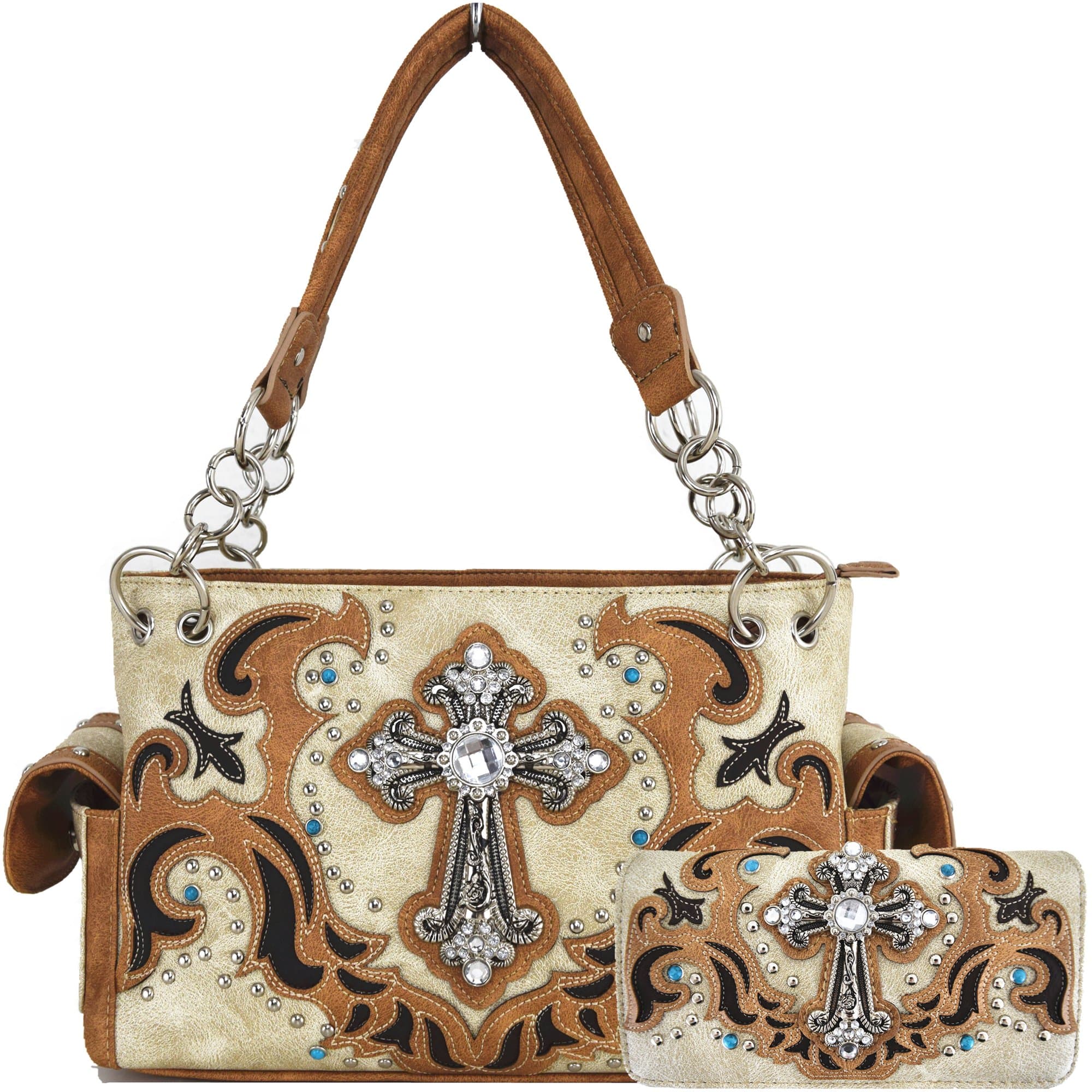 Western Style Rhinestone Cross Stud Concealed Carry Purse Laser Cut Handbag Women Shoulder Bag Wallet Set (Beige Set)